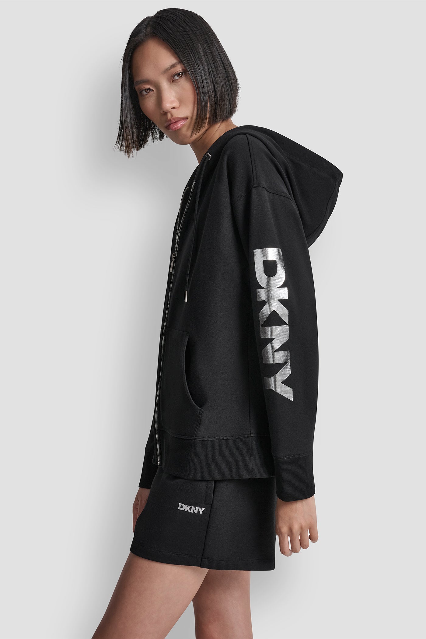 Black/Silver COTTON-BLEND FOIL LOGO HOODIE, VIEW 1 | Clothing