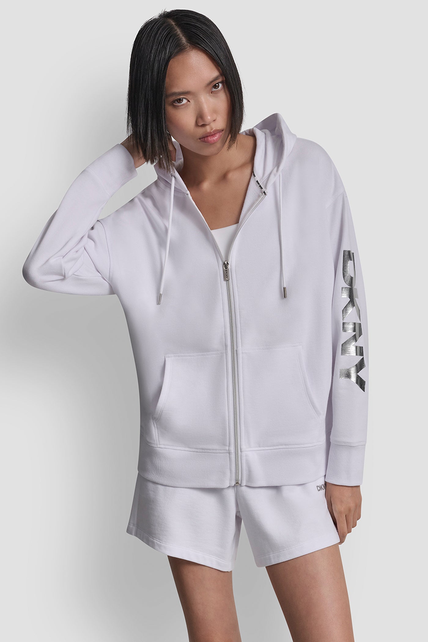 White/Silver FOIL LOGO FULL-ZIP HOODIE, VIEW 1 | Sweatshirts & Joggers