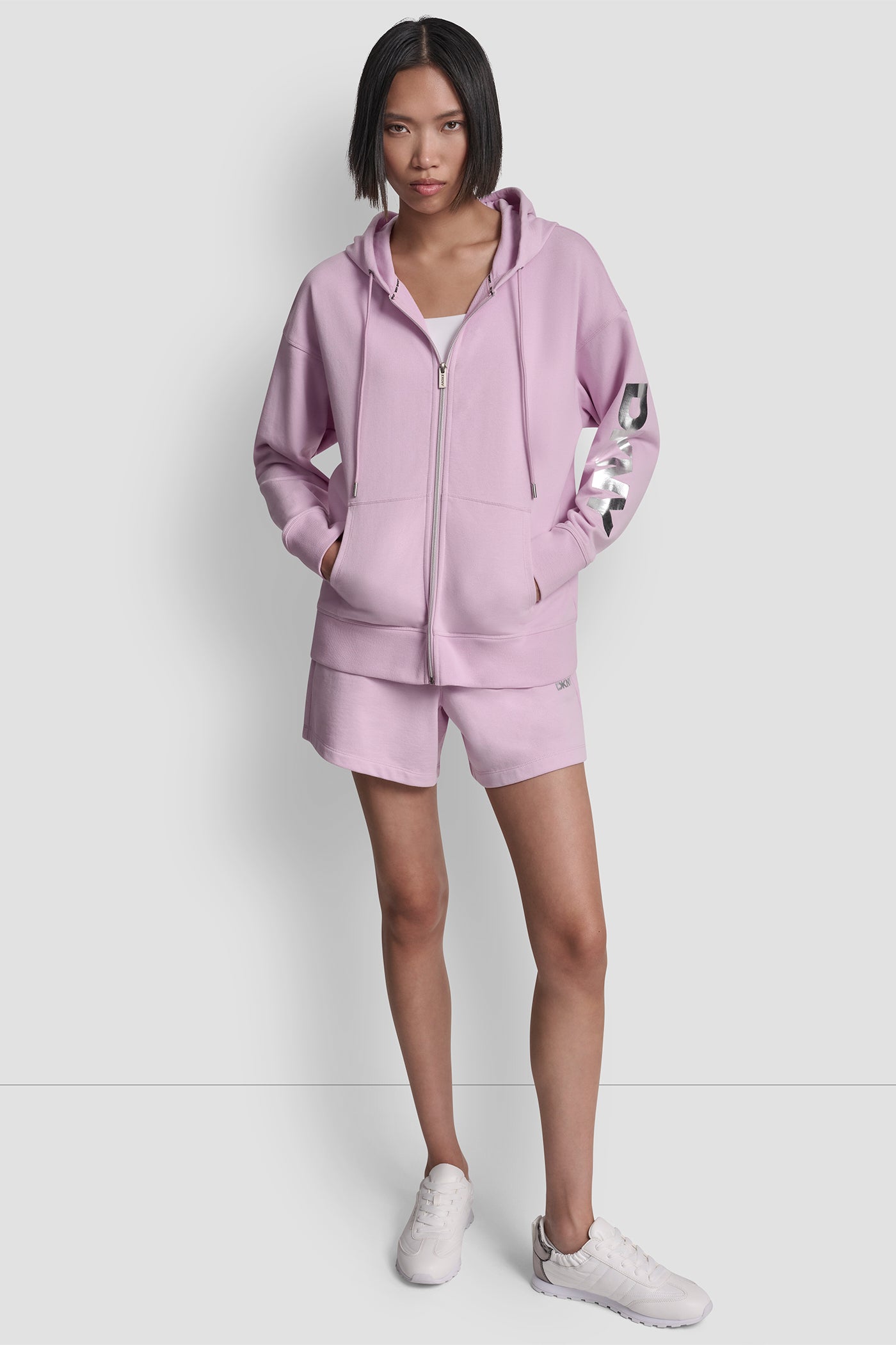 Pink Lavender/Silver COTTON-BLEND FOIL LOGO HOODIE, VIEW 2 | Clothing