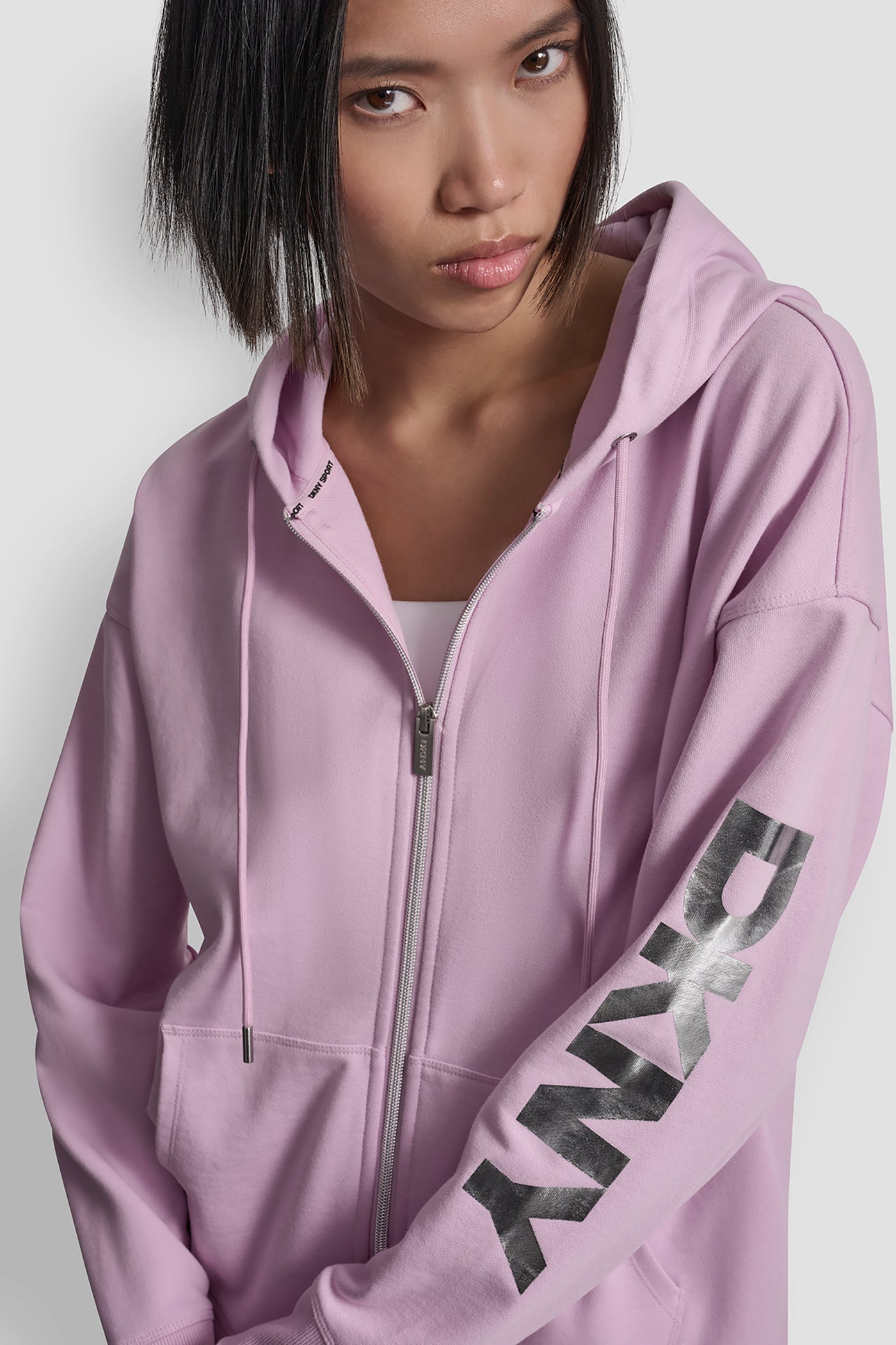 Pink Lavender/Silver COTTON-BLEND FOIL LOGO HOODIE, VIEW 1 | Clothing