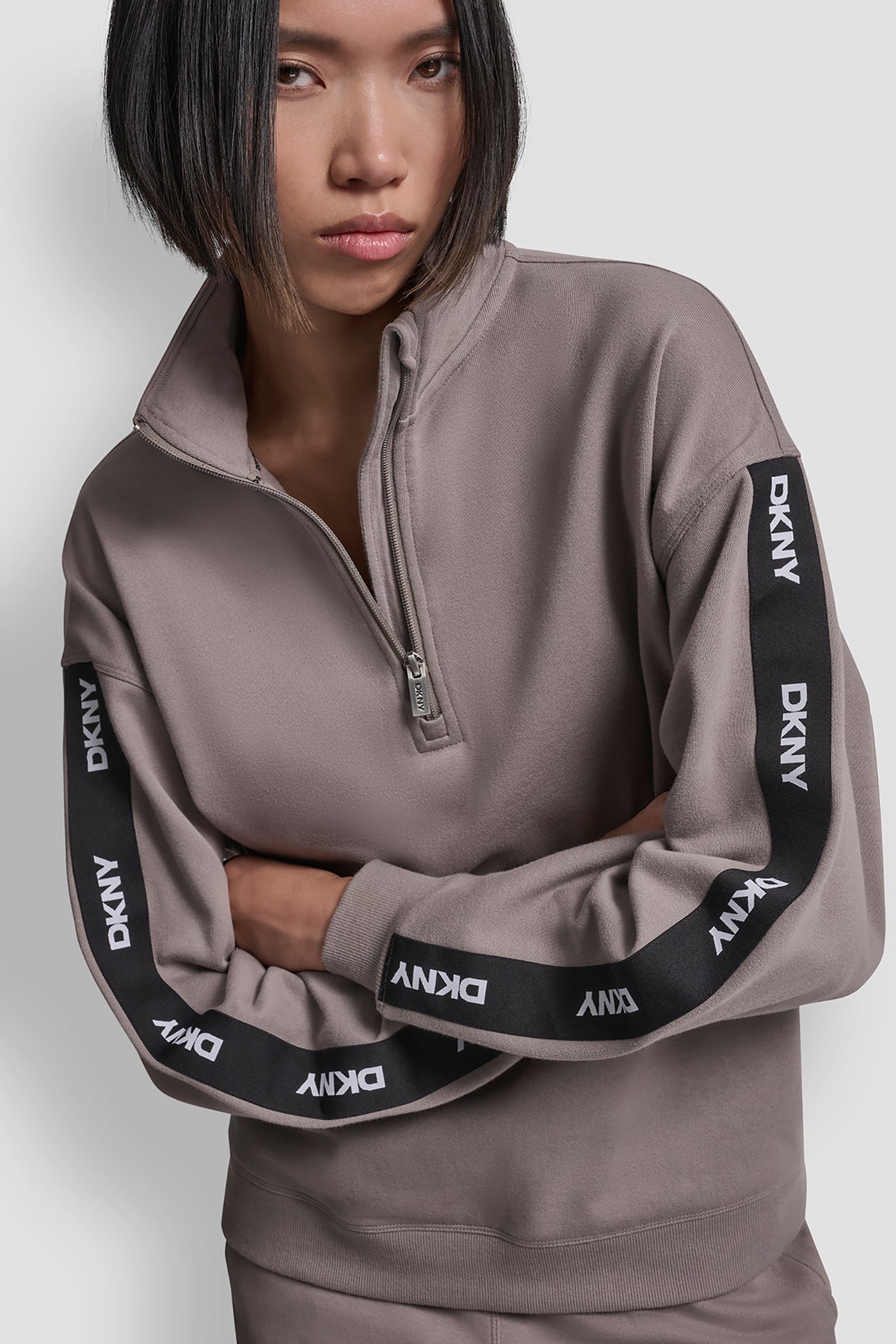 Mushroom OVERSIZED QUARTER ZIP PULLOVER WITH LOGO, VIEW 1 | All Products