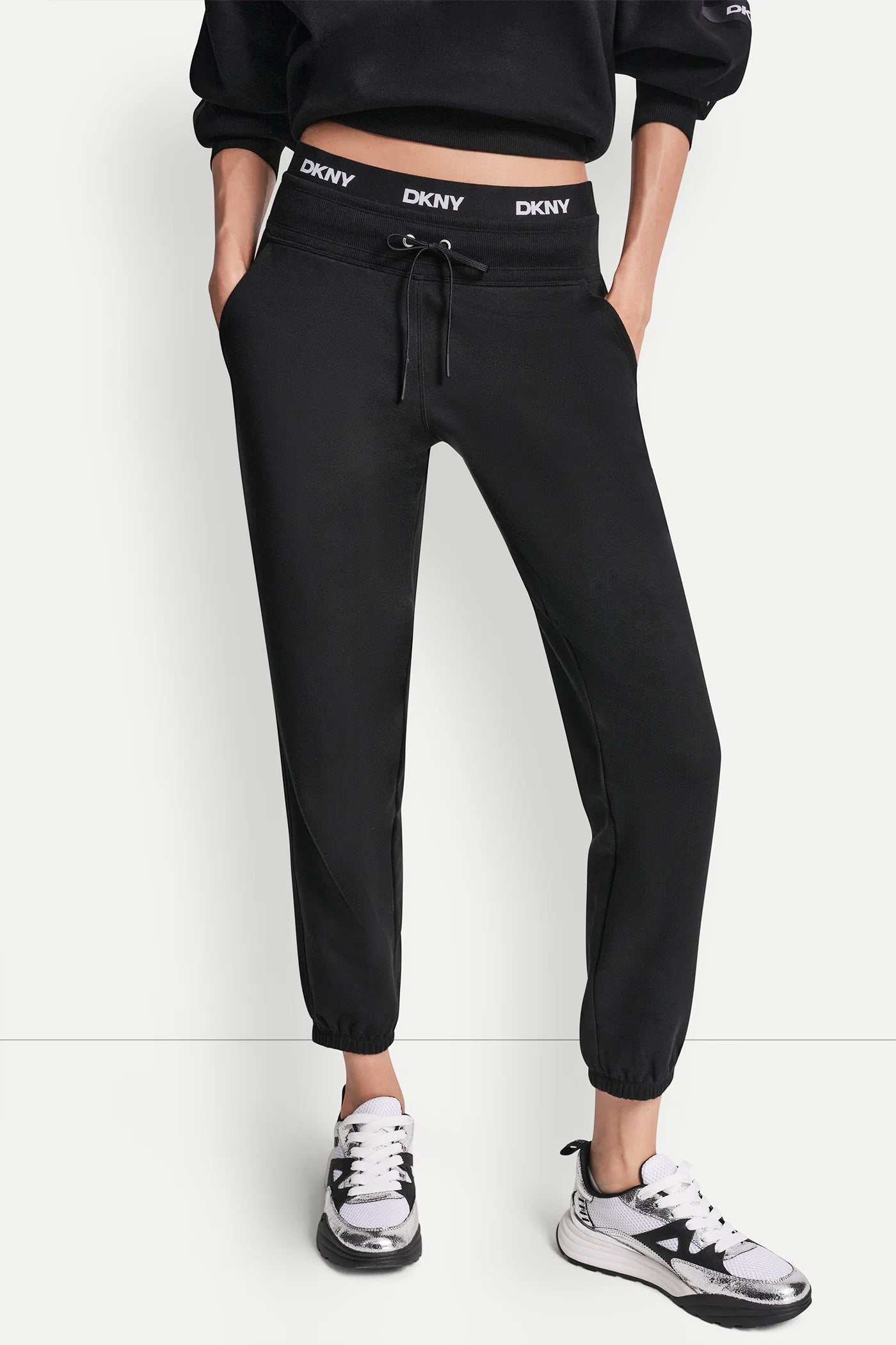 Black HIGH-RISE LOGO WAIST SLIM JOGGER, VIEW 2 | MUST-HAVES