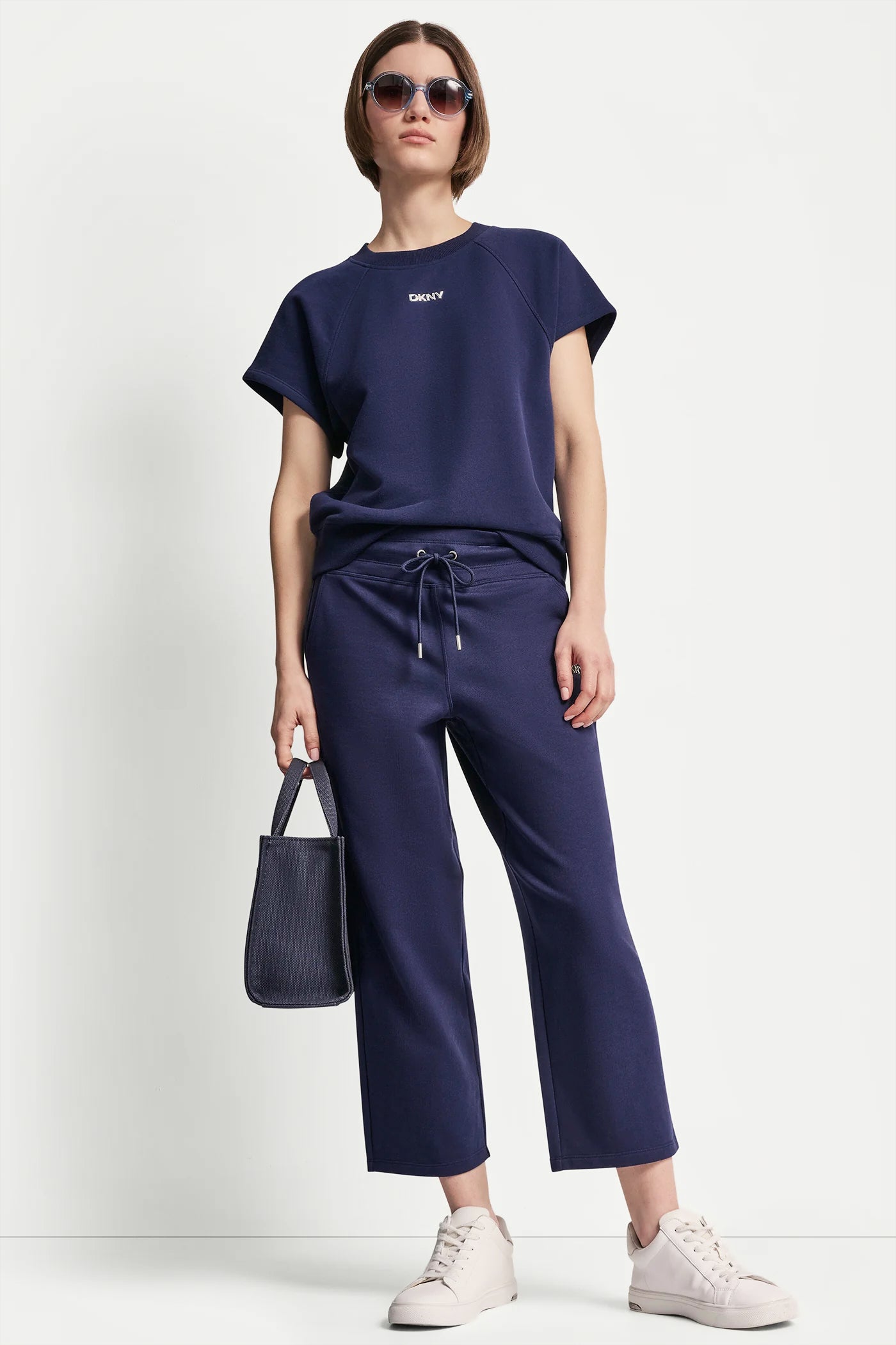 Peacoat METALLIC BUBBLE LOGO CROPPED HIGH-RISE PANTS, VIEW 1 | MUST-HAVES