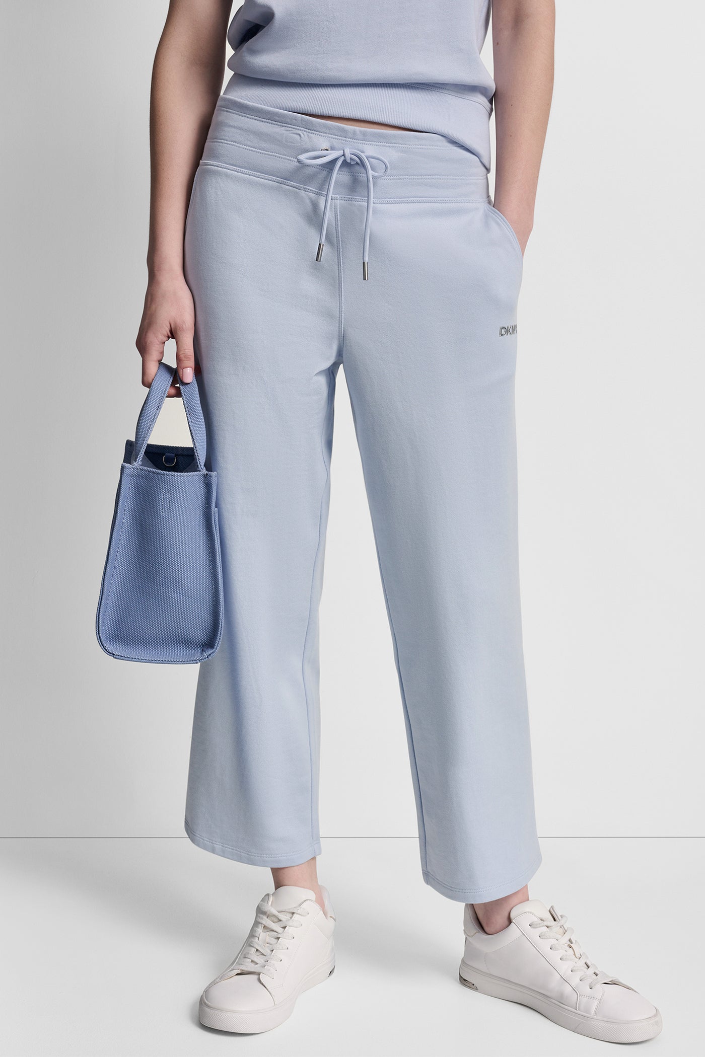 Frost Blue METALLIC BUBBLE LOGO CROPPED HIGH-RISE PANTS, VIEW 1 | MUST-HAVES