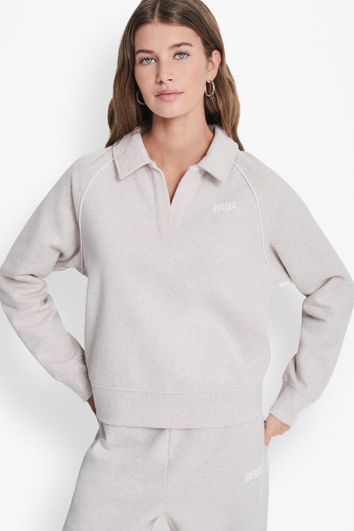 Cortado Heather/White PIPED LOGO POLO SWEATSHIRT, VIEW 2 | MUST-HAVES