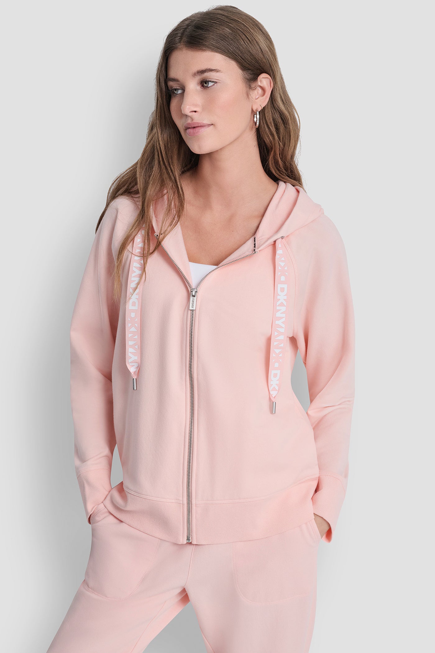 Peach Spritz TWO TONE LOGO DRAWCORD ZIP HOODIE, FRONT VIEW | Clothing
