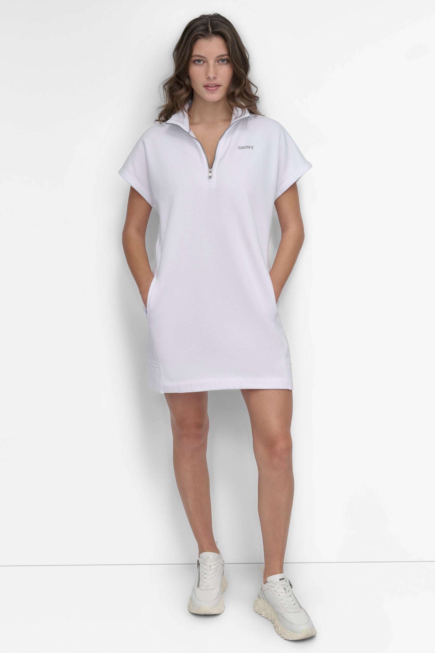 White HALF-ZIP MINI SNEAKER DRESS, VIEW 1 | Dresses Under $100