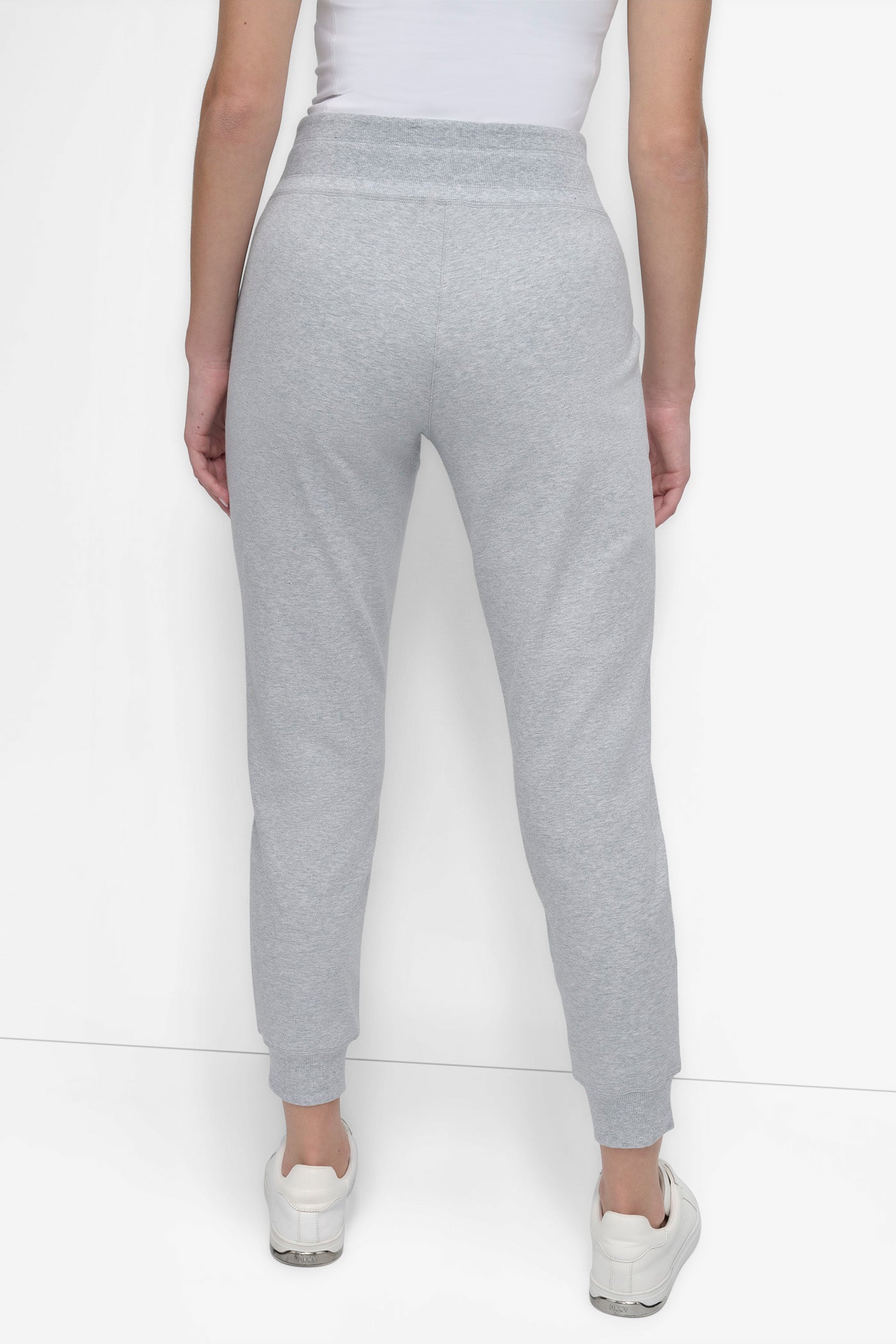 PEARL GREY HEATHER HIGH-RISE LOGO DRAWSTRING JOGGER, BACK VIEW | Sweatshirts & Joggers