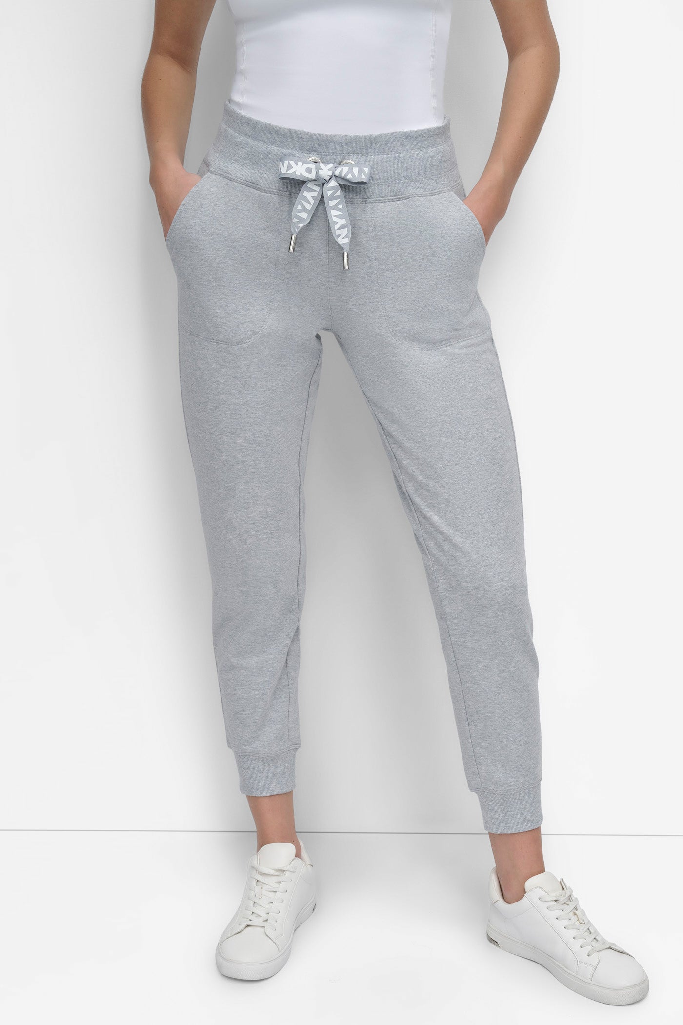 PEARL GREY HEATHER HIGH-RISE LOGO DRAWSTRING JOGGER, FRONT VIEW | Sweatshirts & Joggers