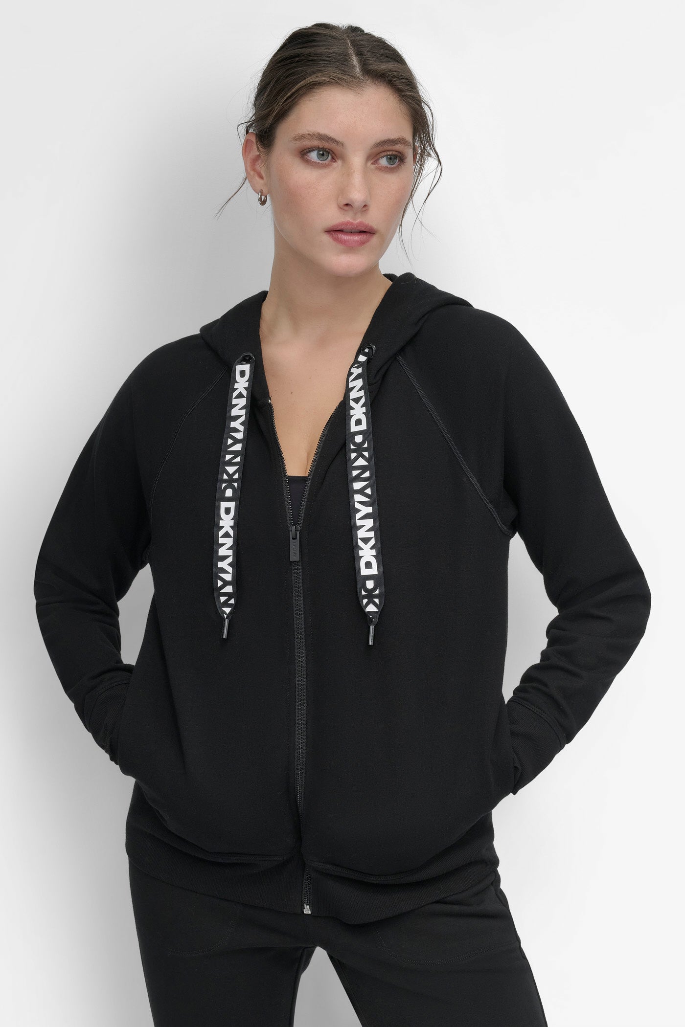 Black LOGO DRAWSTRING PERFORMANCE HOODIE, FRONT VIEW | DKNY Sport