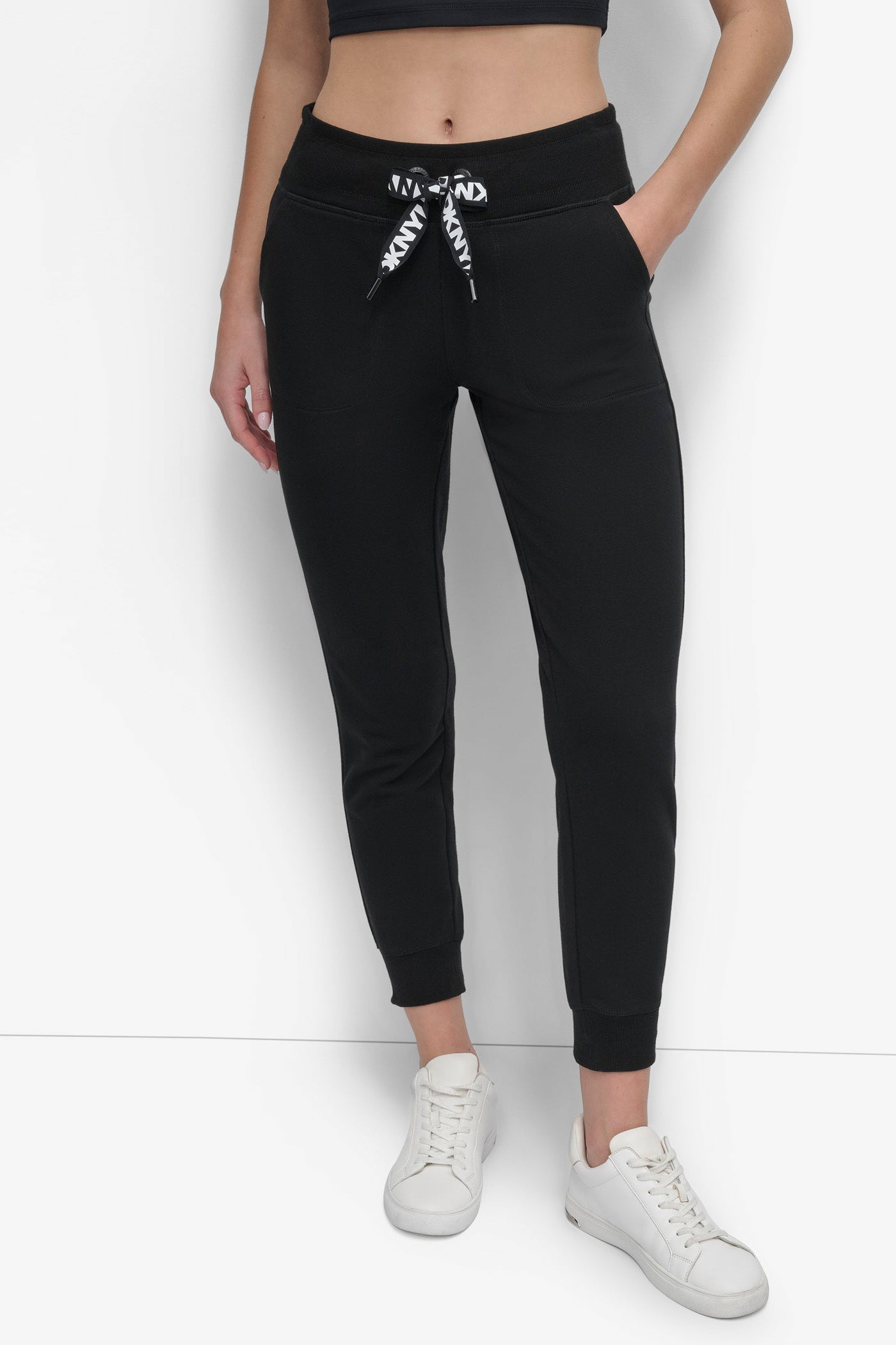 Black HIGH-RISE LOGO DRAWSTRING JOGGER, FRONT VIEW | Sweatshirts & Joggers