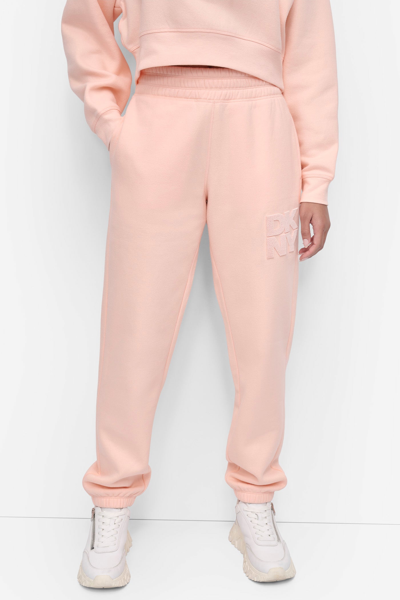 CORAL CRUSH HIGH-RISE FLOCKED LOGO JOGGER, VIEW 1 | Sweatshirts & Joggers