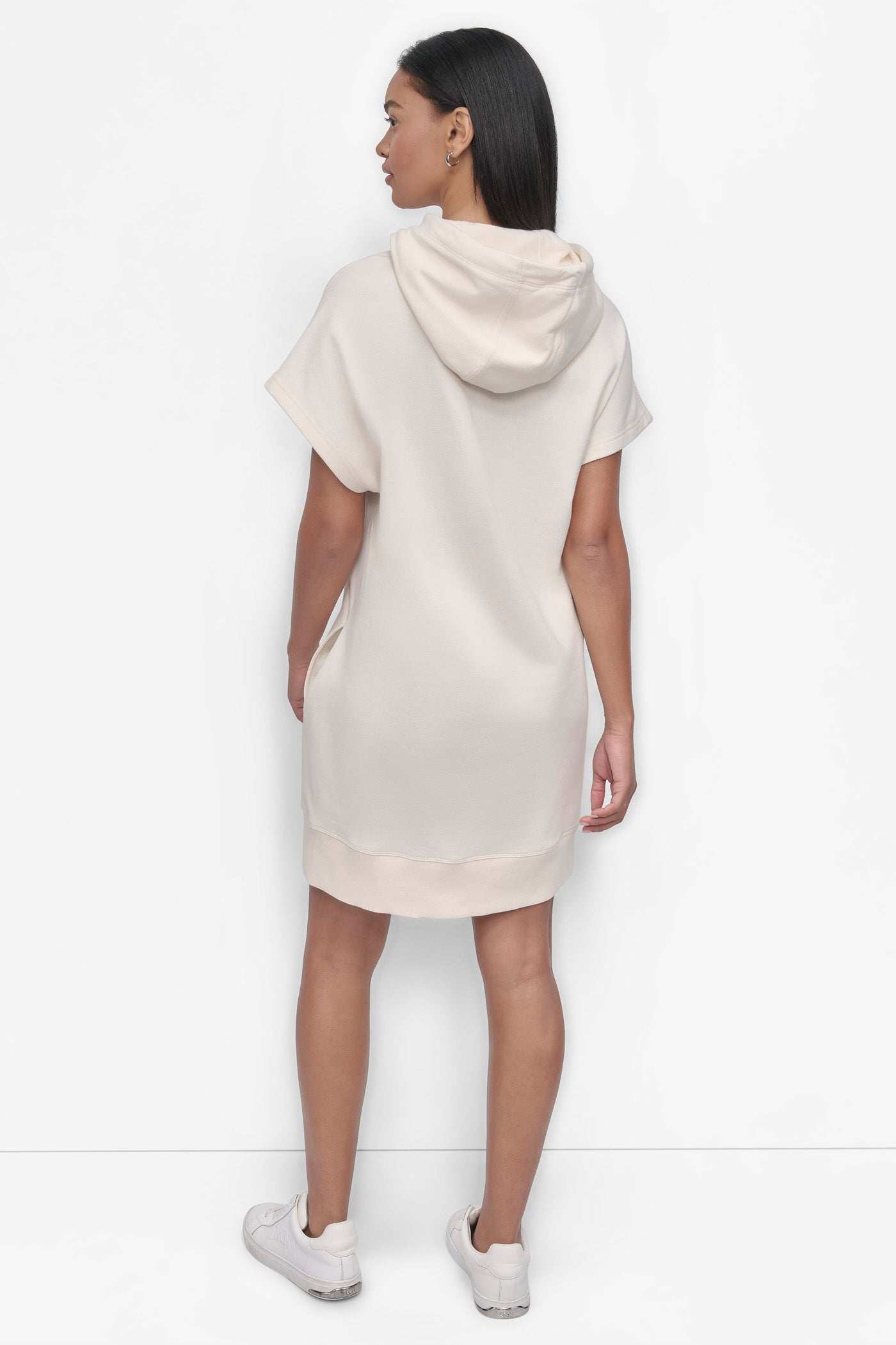 EGGNOG STACKED PLUSH VELVET LOGO HOODED SNEAKER DRESS, BACK VIEW | Dresses & Jumpsuits