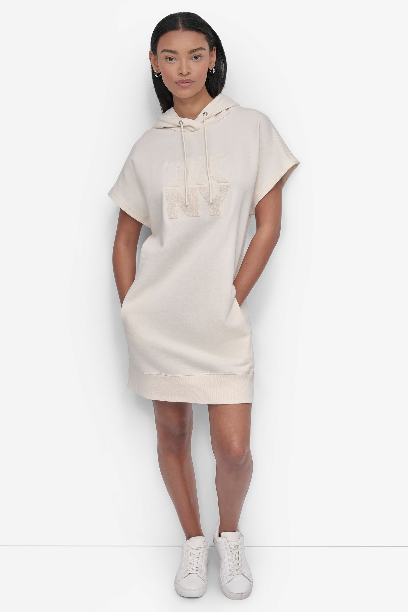 EGGNOG STACKED PLUSH VELVET LOGO HOODED SNEAKER DRESS, FRONT VIEW | Dresses & Jumpsuits