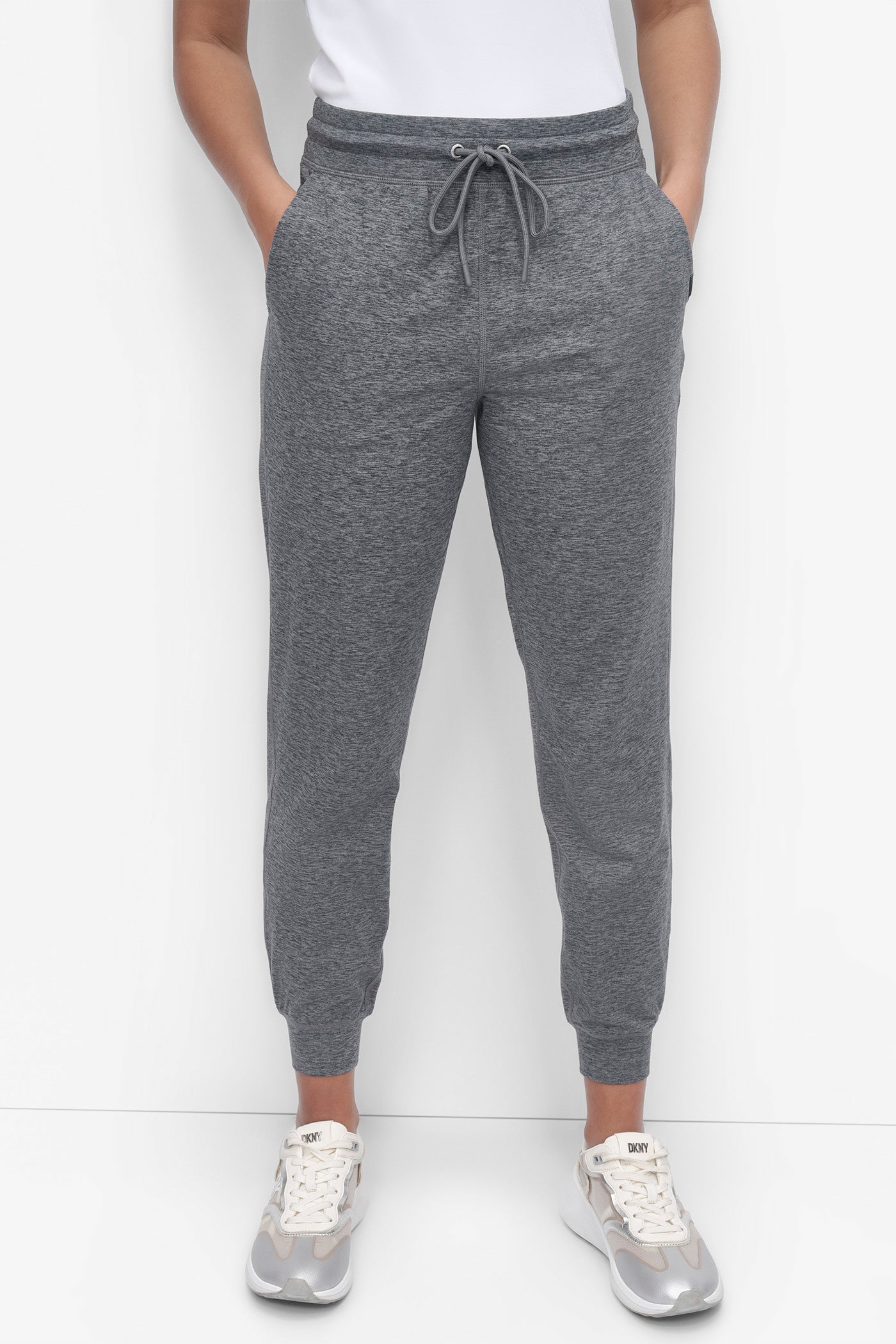 BLACK SPACEDYE CROPPED HIGH-RISE SLIM JOGGER, FRONT VIEW | DKNY Sport
