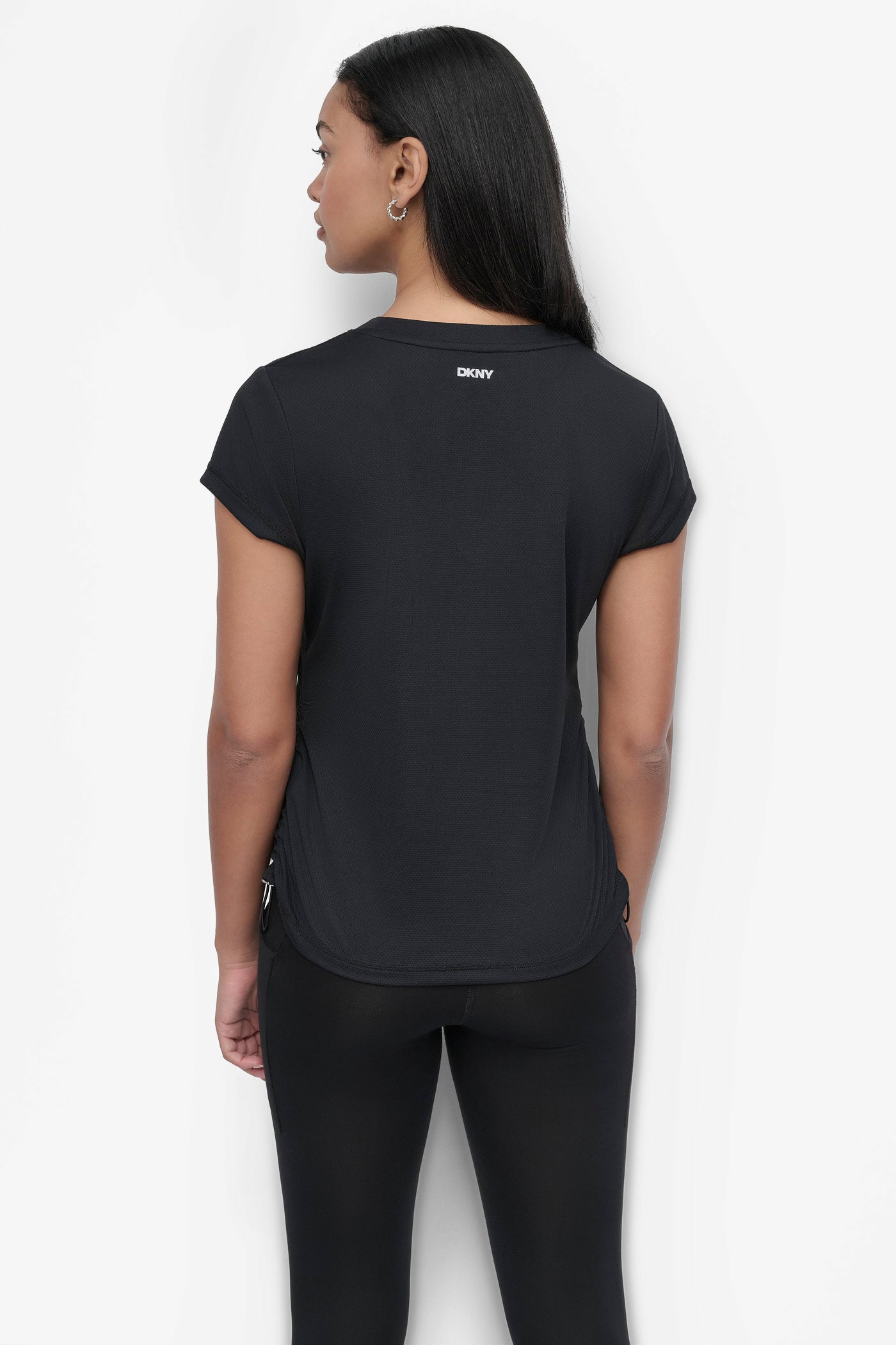 Black RUCHED TECH-MESH PERFORMANCE TEE, BACK VIEW | Tees & Tanks