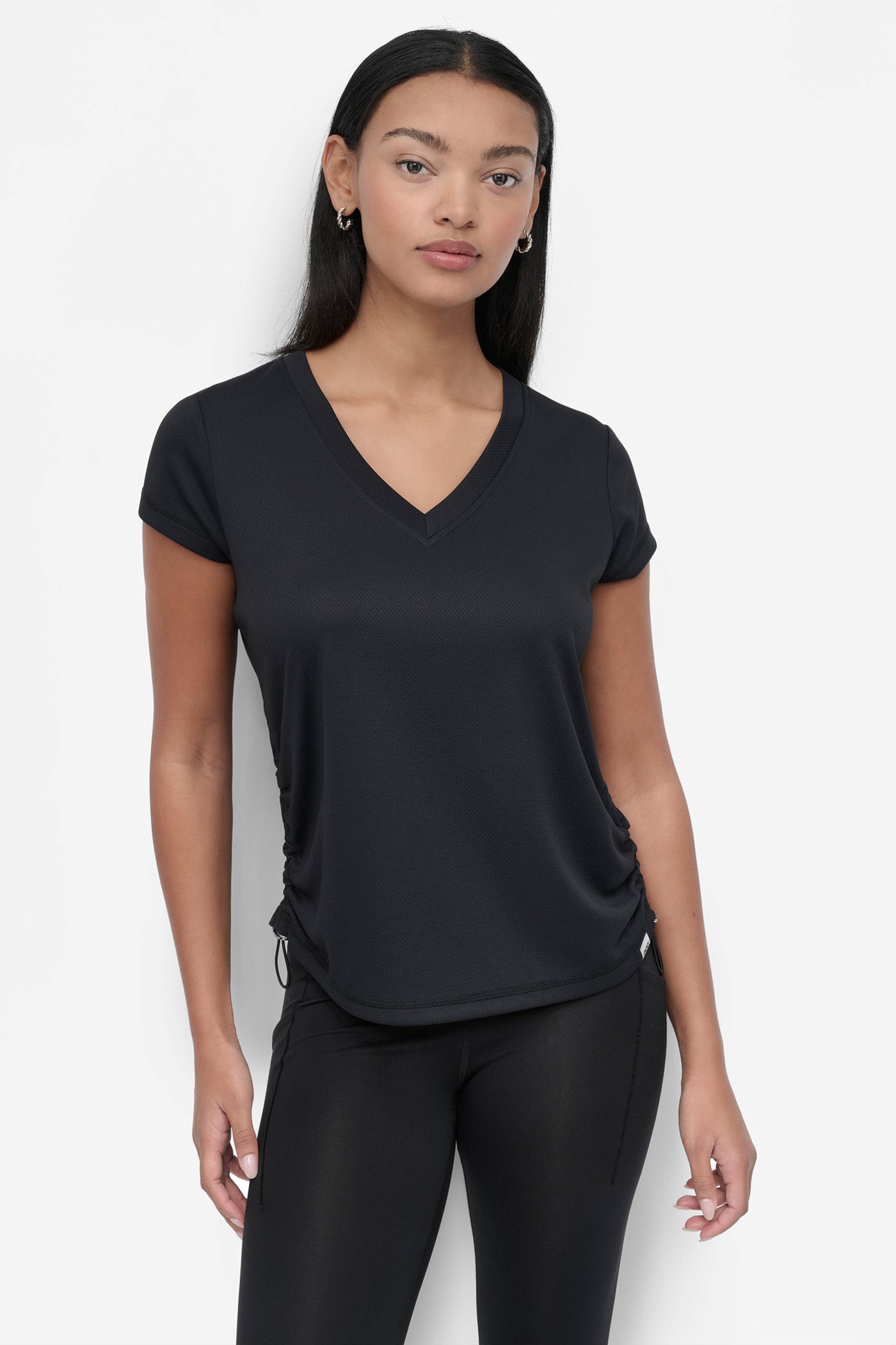 Black RUCHED TECH-MESH PERFORMANCE TEE, FRONT VIEW | Tees & Tanks