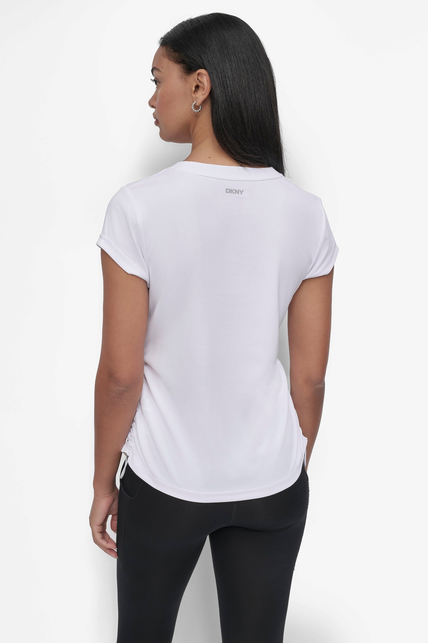 White RUCHED TECH-MESH PERFORMANCE TEE, BACK VIEW | Tees & Tanks
