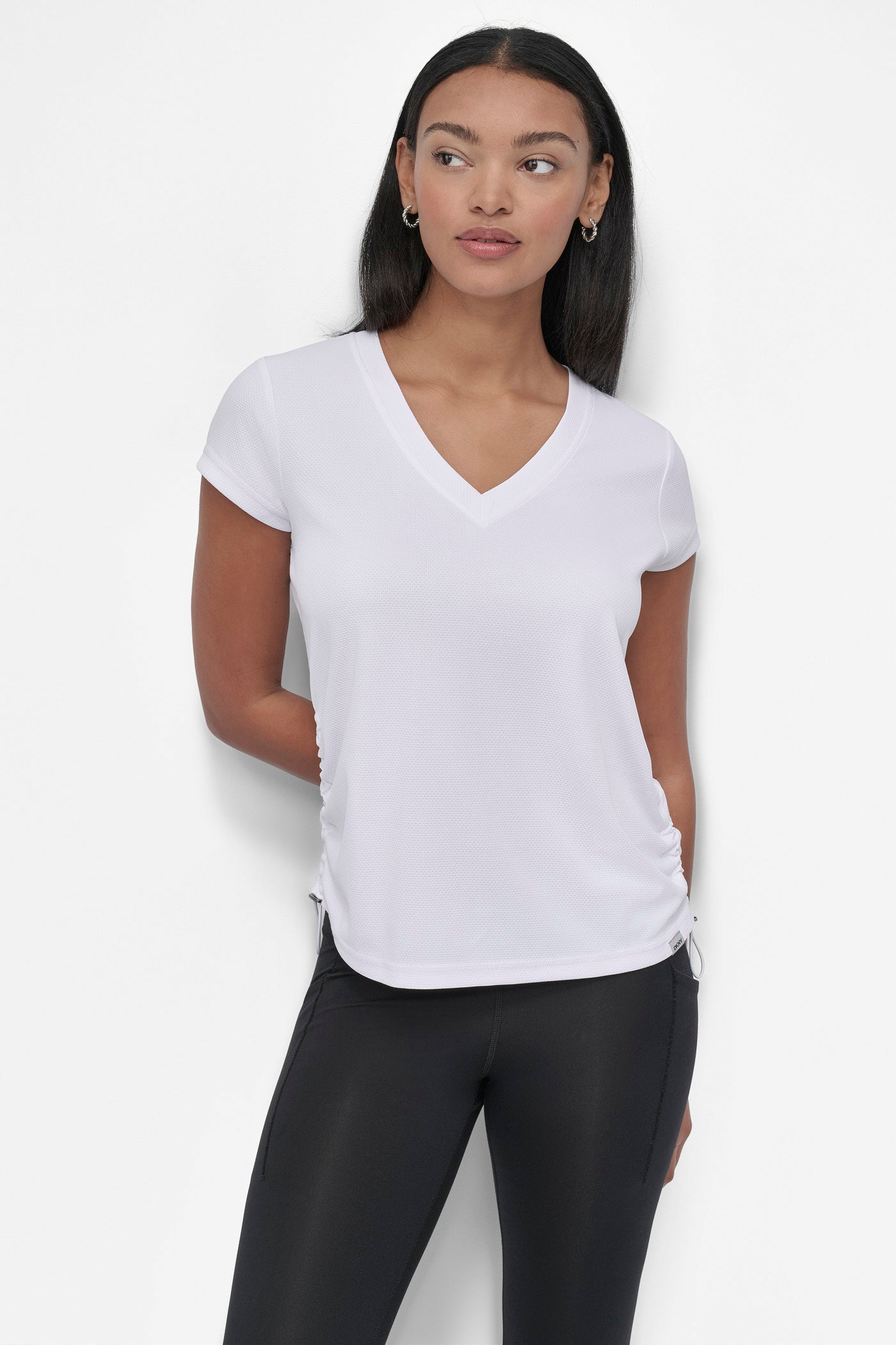White RUCHED TECH-MESH PERFORMANCE TEE, FRONT VIEW | Tees & Tanks