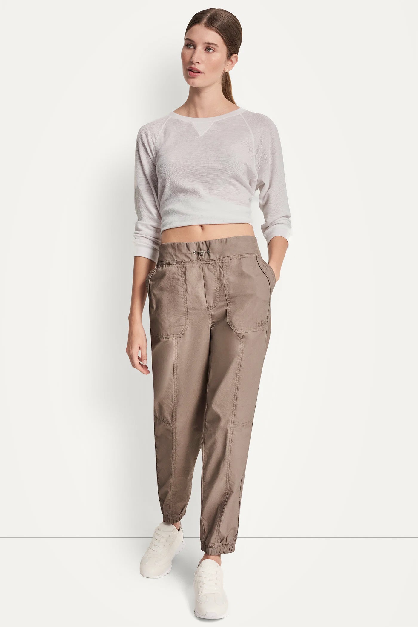 Mushroom COTTON-POPLIN HIGH-RISE SLIM UTILITY JOGGER, BACK VIEW | MUST-HAVES