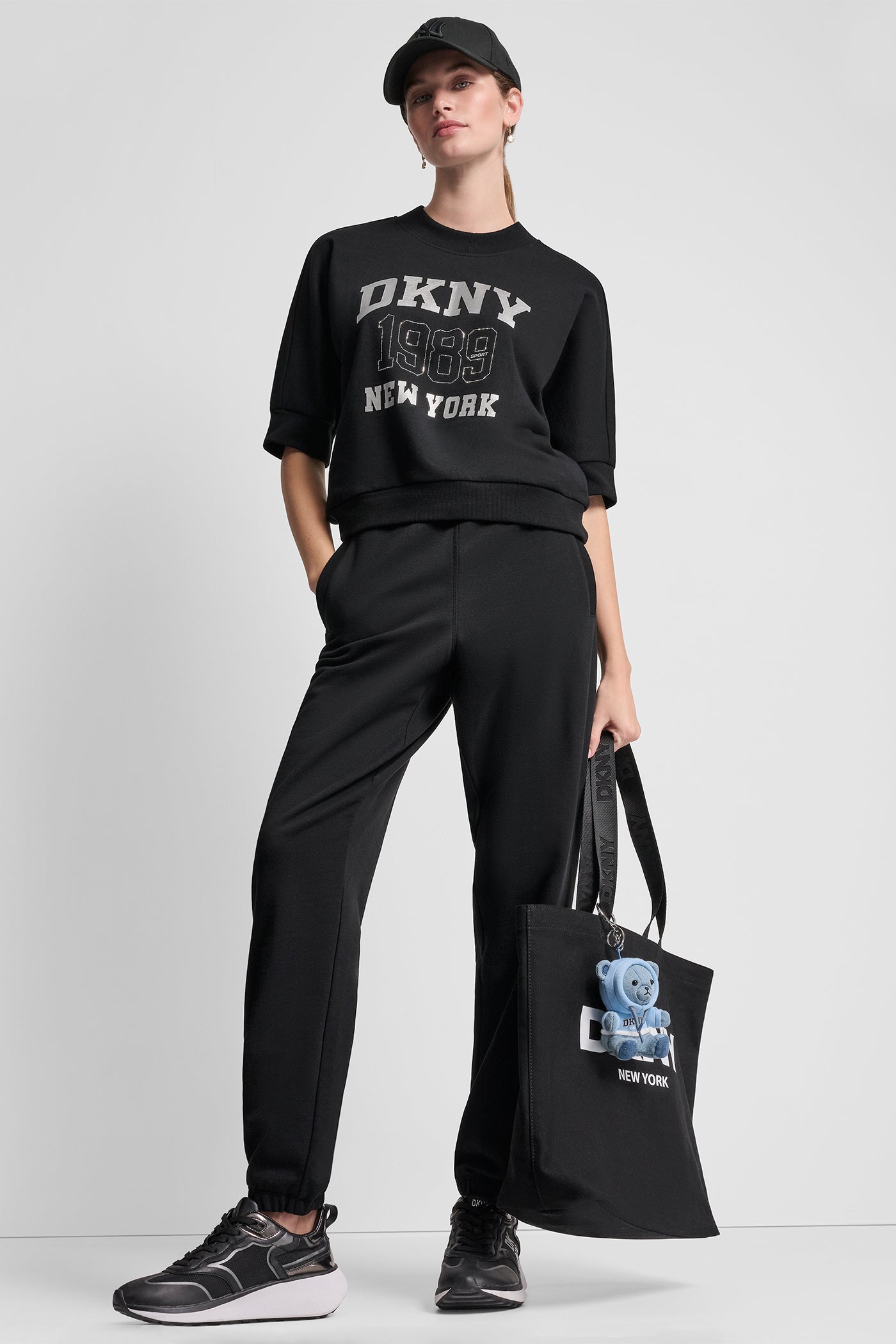 Black DKNY 1989 RHINESTUD LOGO PULLOVER, VIEW 1 | Sweatshirts & Joggers