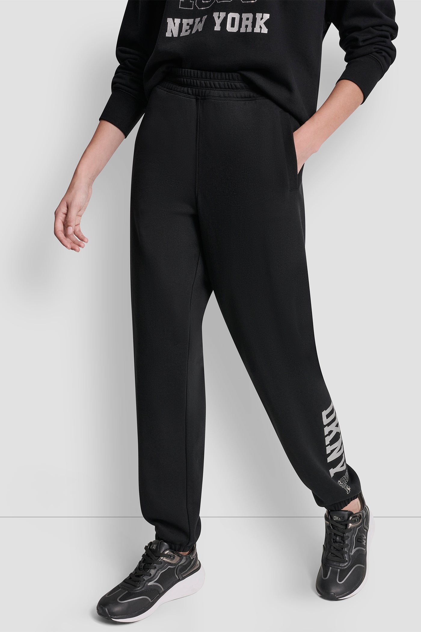Black DKNY 1989 RHINESTUD LOGO JOGGER, FRONT VIEW | Sweatshirts & Joggers