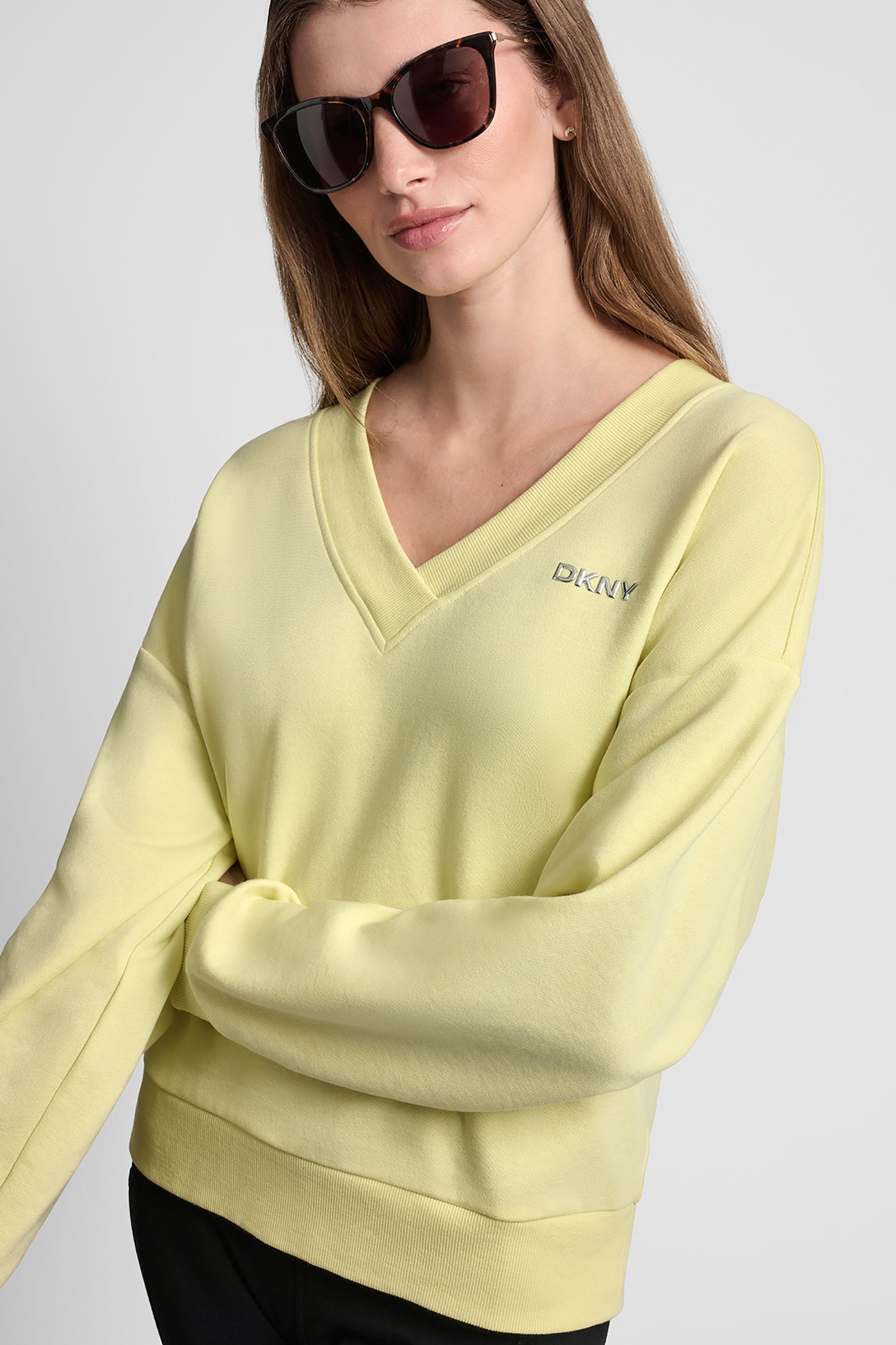 Metallic Bubble Logo V Neck Pullover | Sweatshirt | DKNY