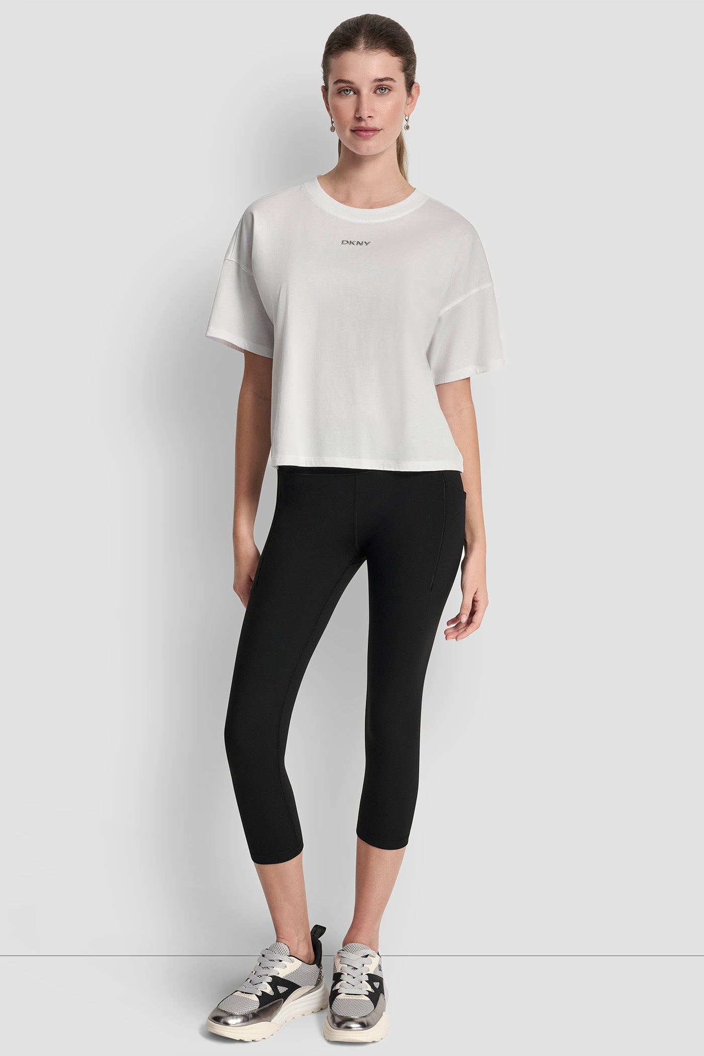 White METALLIC LOGO TEE, VIEW 1 | DKNY Sport