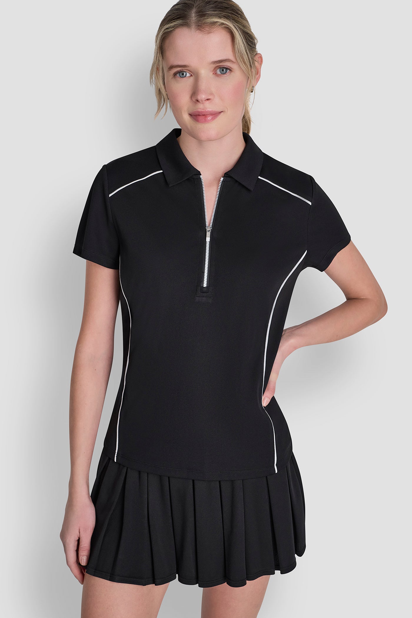 Black/White COURT PIQUÉ PIPED HALF-ZIP POLO, VIEW 2 | WOMEN'S SWEATERS & TOPS