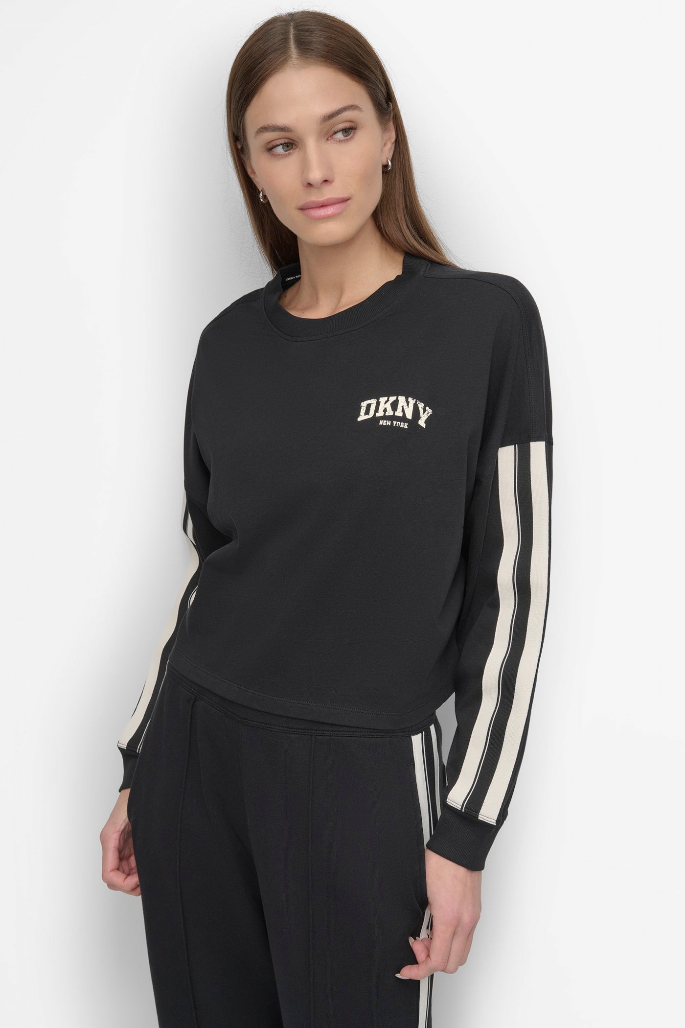 Black DISTRESSED VARSITY LOGO TEE WITH TRACK, FRONT VIEW | Sweatshirts & Joggers