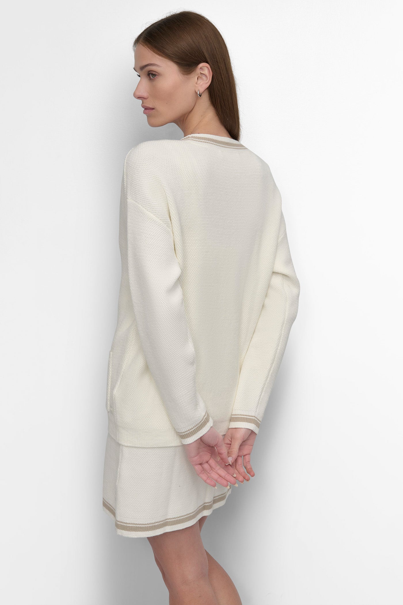 IVORY/ PEBBLE STRIPED COURT CARDIGAN, BACK VIEW | WOMEN'S SWEATERS & TOPS