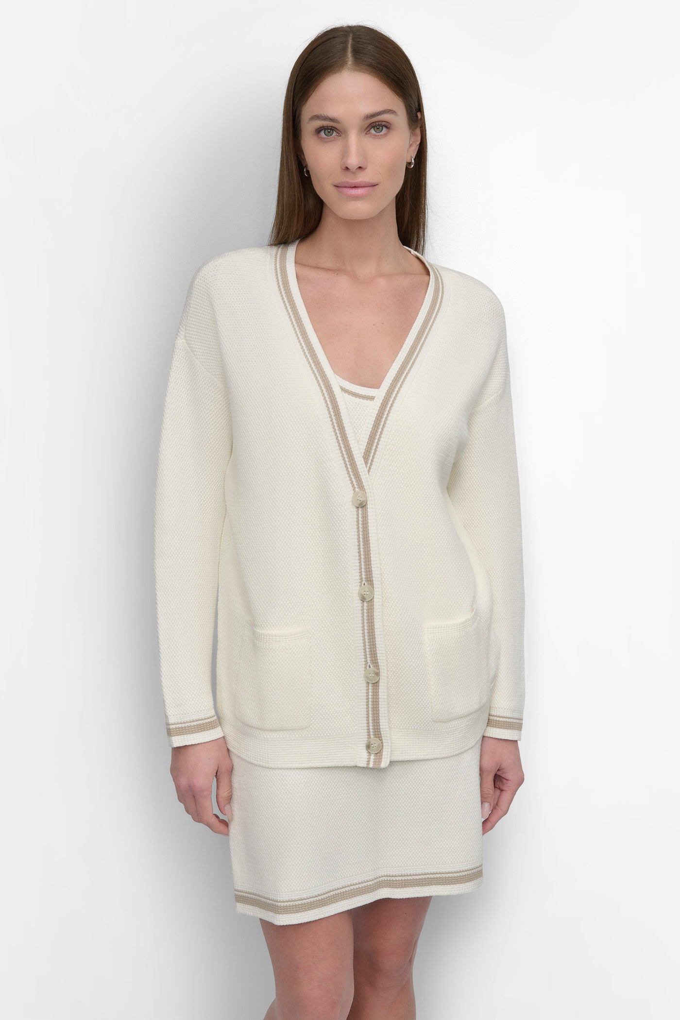 IVORY/ PEBBLE STRIPED COURT CARDIGAN, FRONT VIEW | WOMEN'S SWEATERS & TOPS
