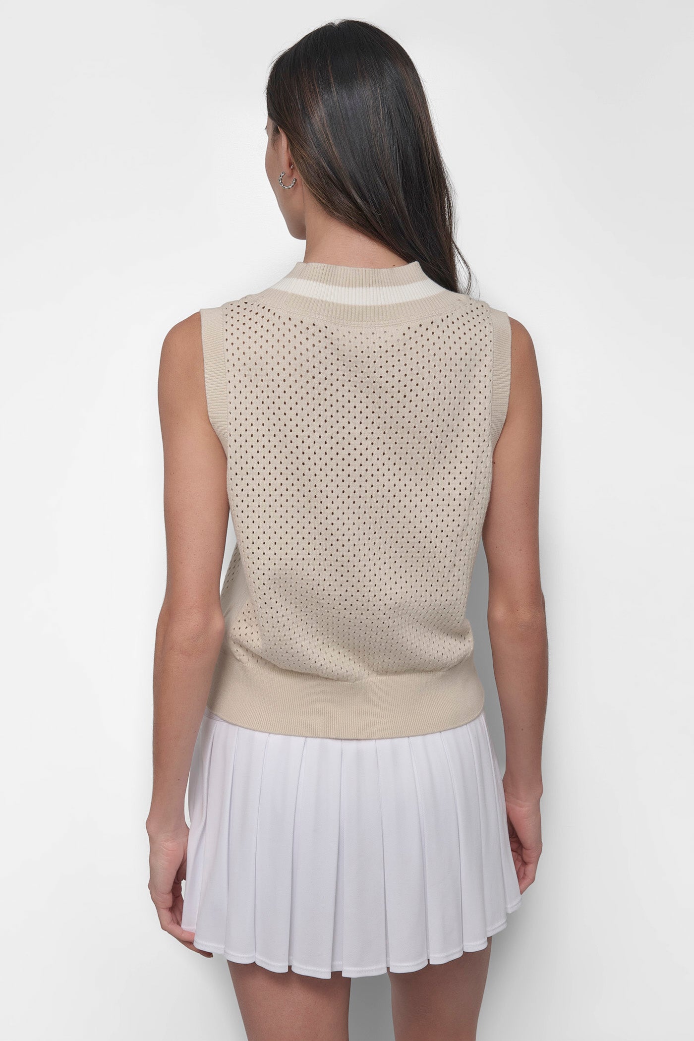 LIGHT CITY KHAKI/IVORY STRIPED MESH POINTELLE SWEATER VEST, BACK VIEW | WOMEN'S SWEATERS & TOPS