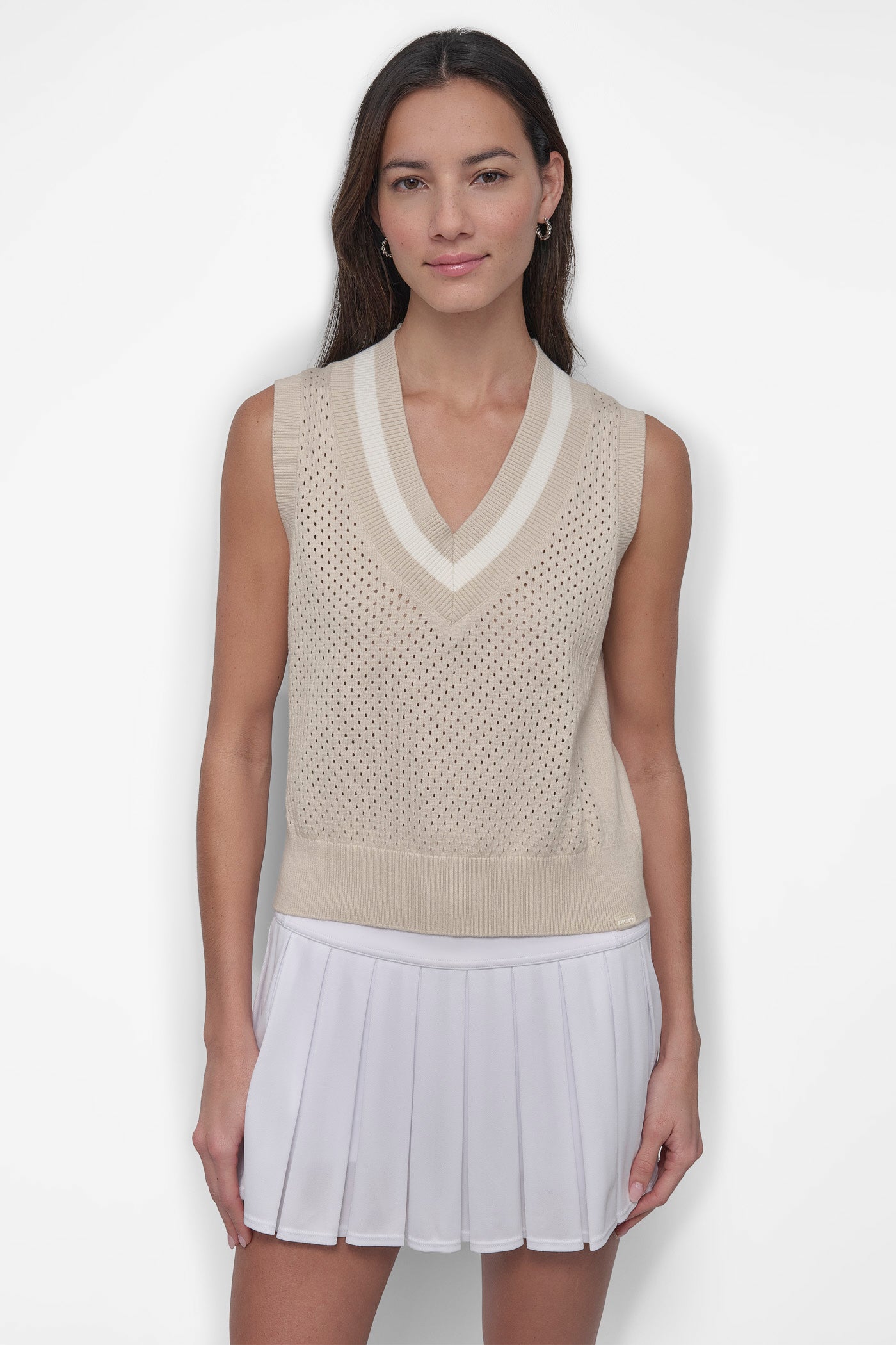 LIGHT CITY KHAKI/IVORY STRIPED MESH POINTELLE SWEATER VEST, FRONT VIEW | WOMEN'S SWEATERS & TOPS