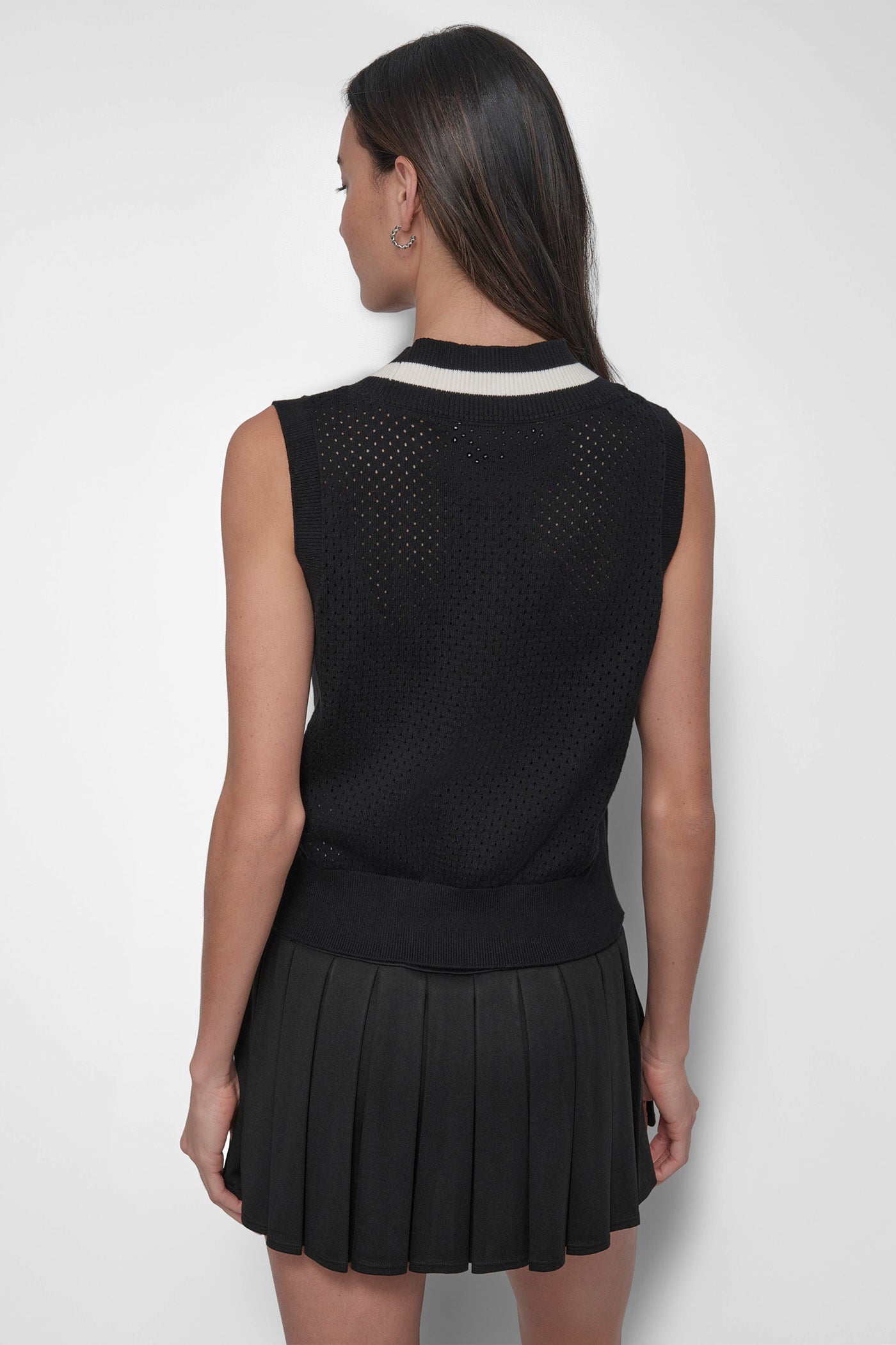 BLACK/IVORY STRIPED MESH POINTELLE SWEATER VEST, BACK VIEW | WOMEN'S SWEATERS & TOPS