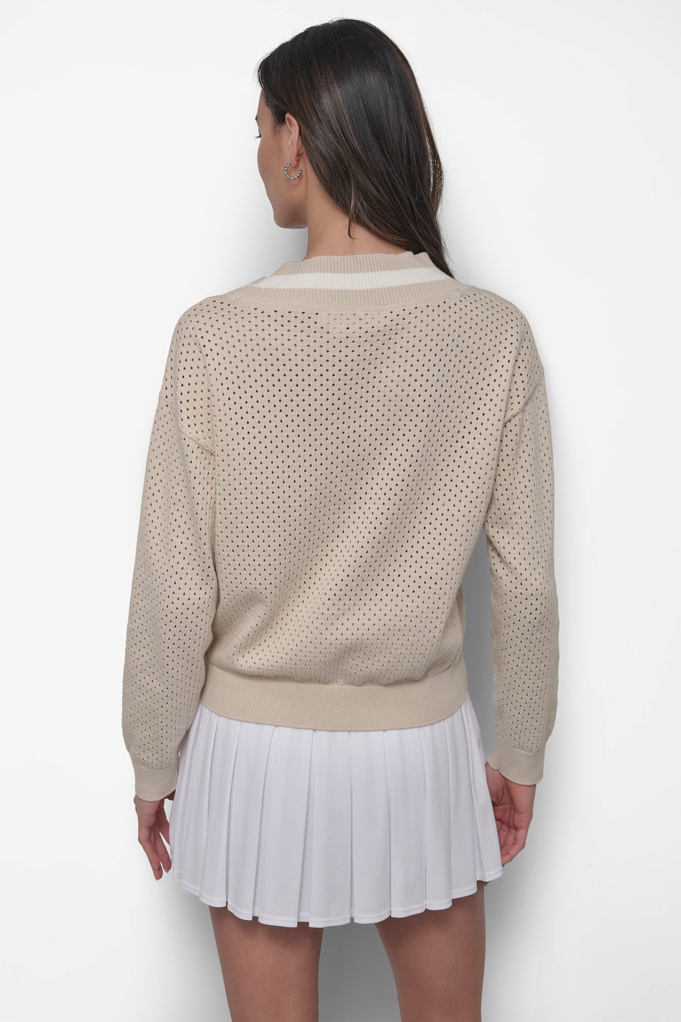 LIGHT CITY KHAKI/ IVORY STRIPED SPORT MESH POINTELLE SWEATER, BACK VIEW | Clothing