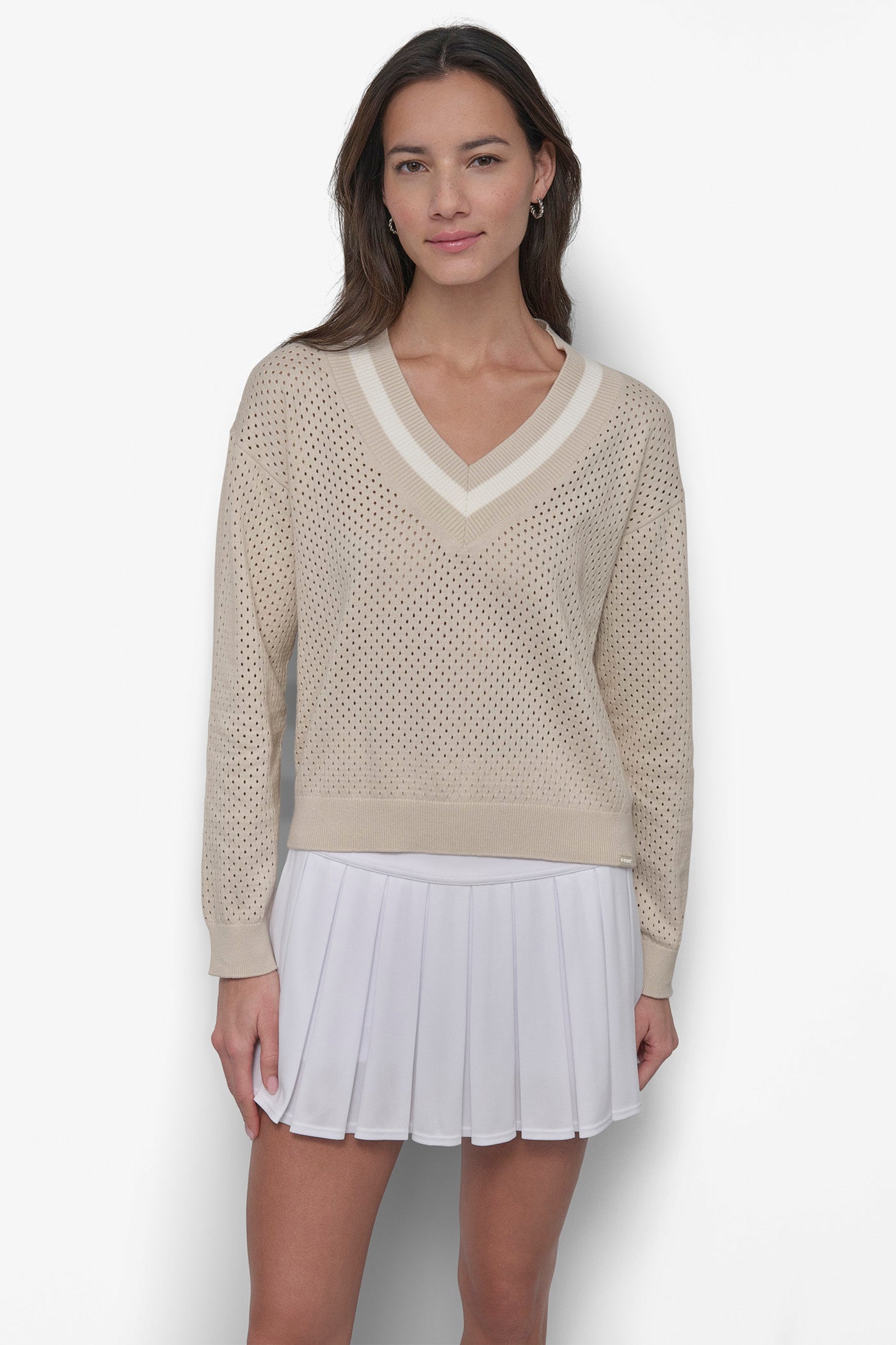 LIGHT CITY KHAKI/ IVORY STRIPED SPORT MESH POINTELLE SWEATER, FRONT VIEW | Clothing