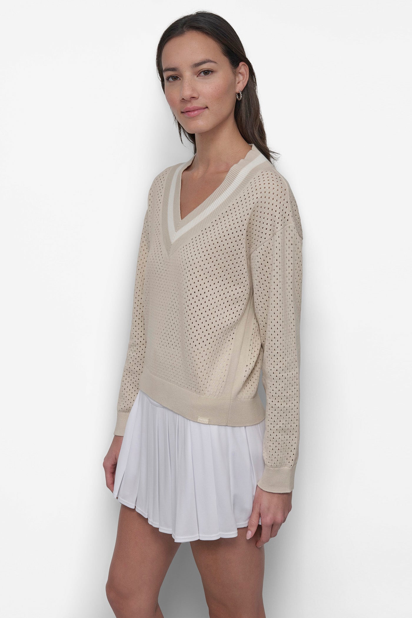 STRIPED SPORT MESH POINTELLE SWEATER VIEW 3
