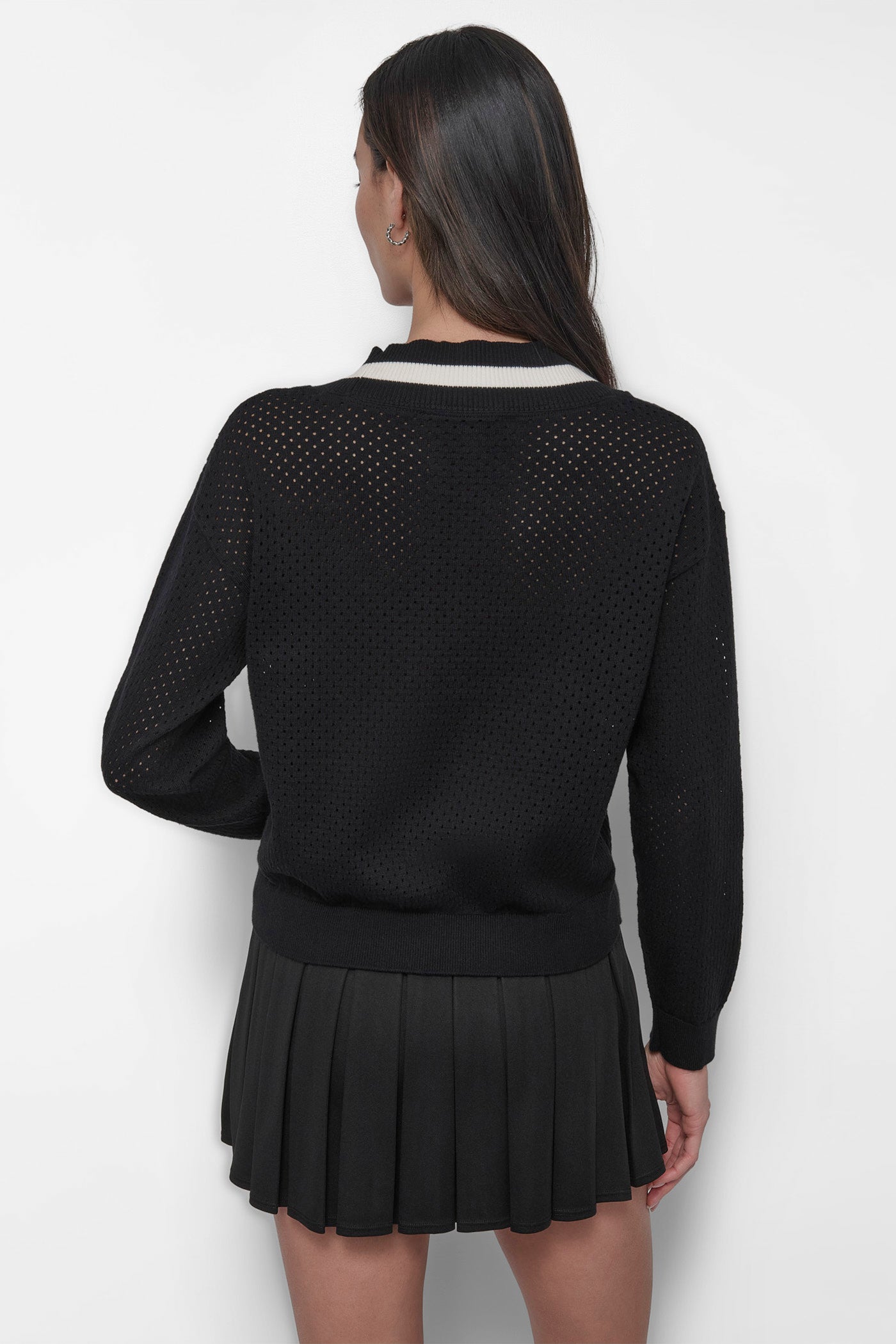 BLACK/IVORY STRIPED SPORT MESH POINTELLE SWEATER, BACK VIEW | Clothing