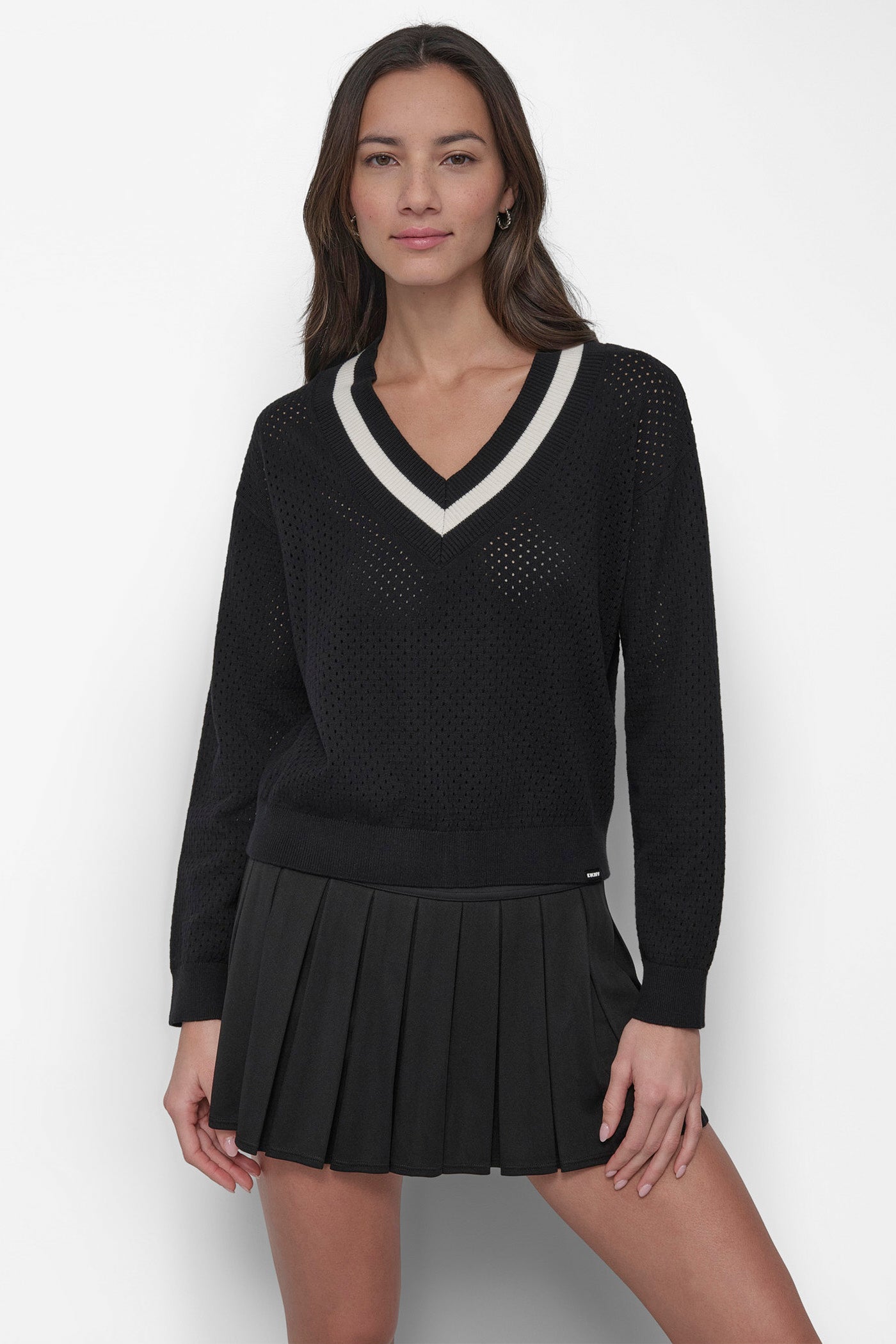 BLACK/IVORY STRIPED SPORT MESH POINTELLE SWEATER, FRONT VIEW | Clothing