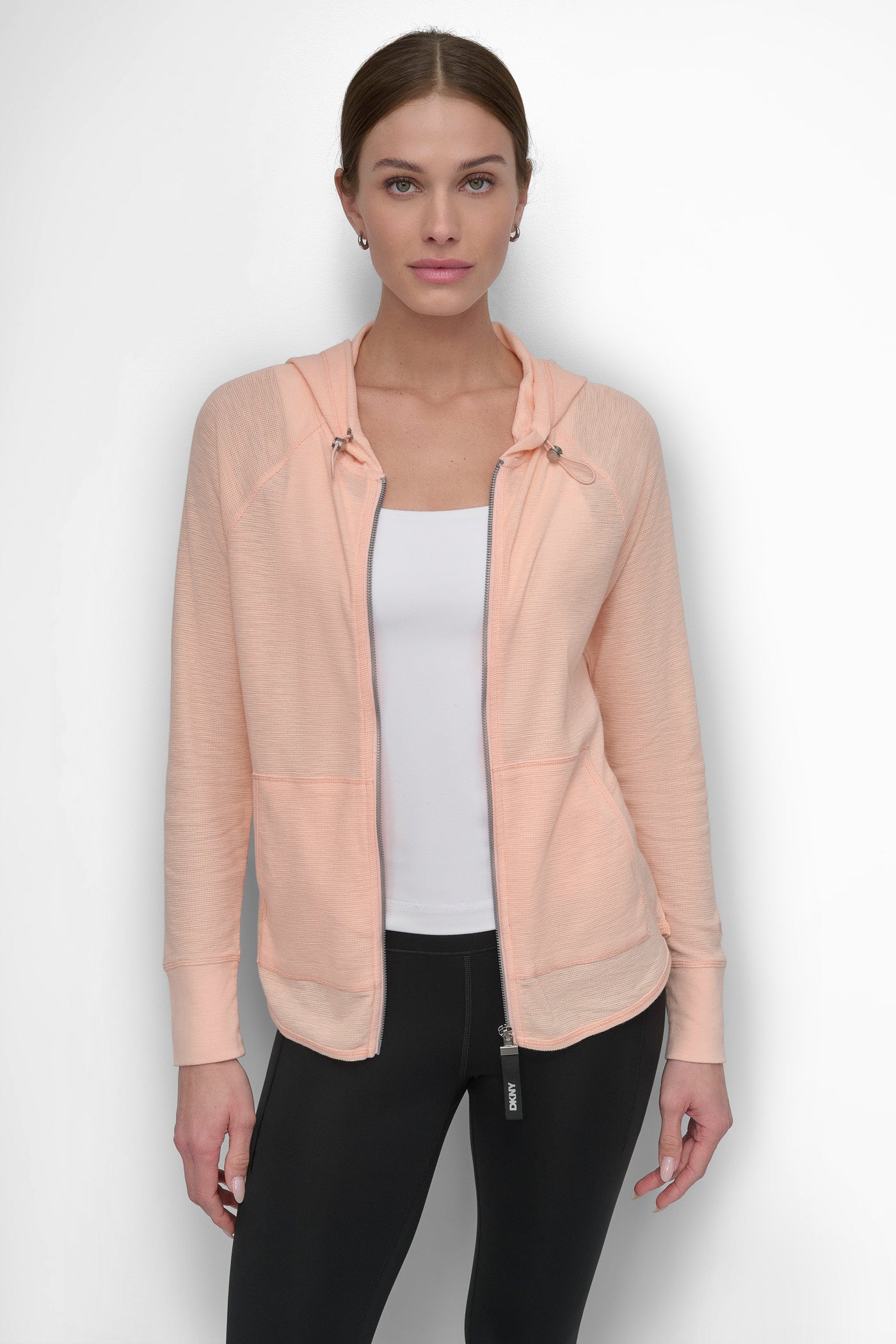 TROPICAL PEACH SLUB WAFFLE KNIT HOODIE, FRONT VIEW | Sweatshirts & Joggers