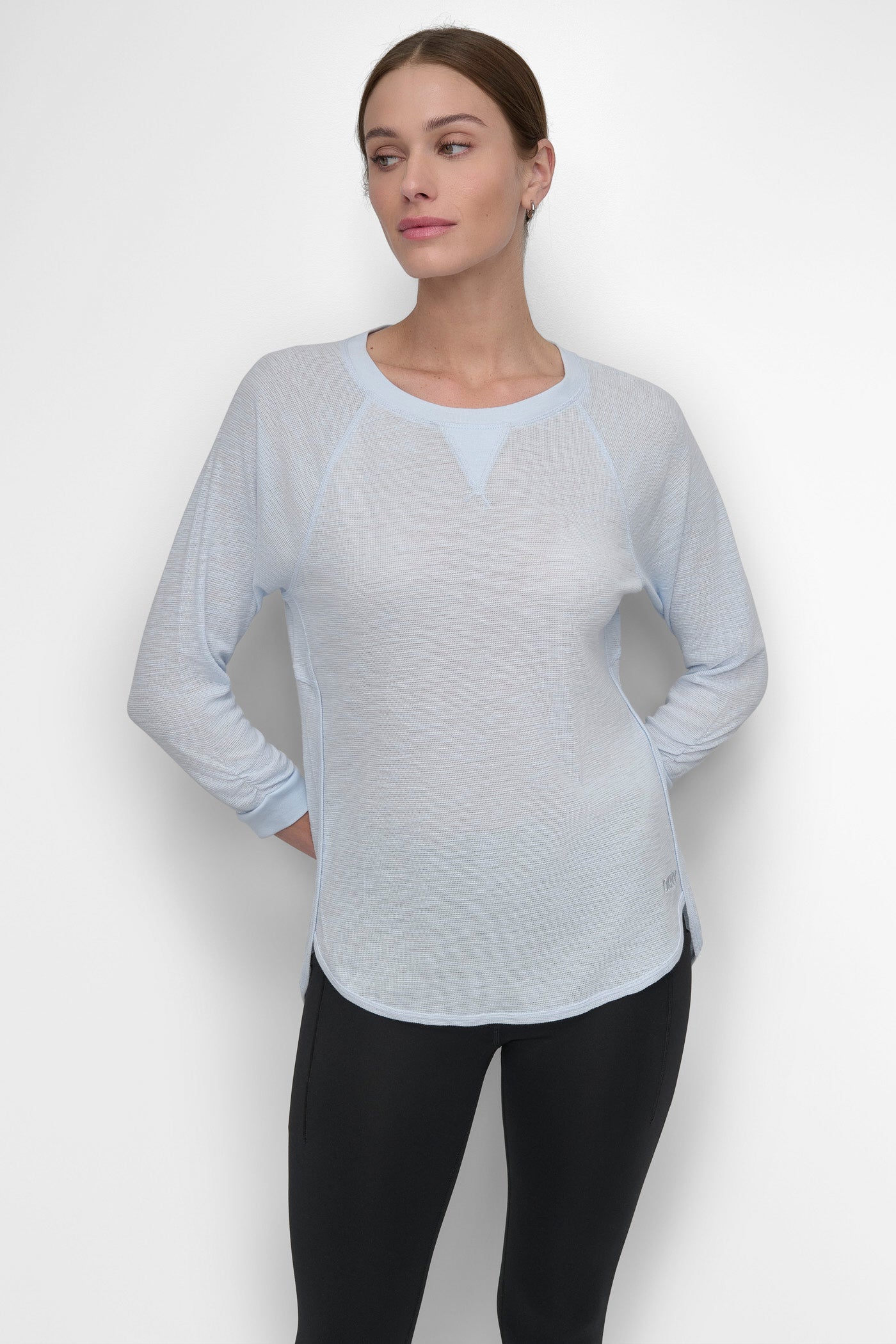 SKYWAY BLUE RUCHED 3/4-SLEEVE SLUB WAFFLE-KNIT TEE, FRONT VIEW | Sport Essentials
