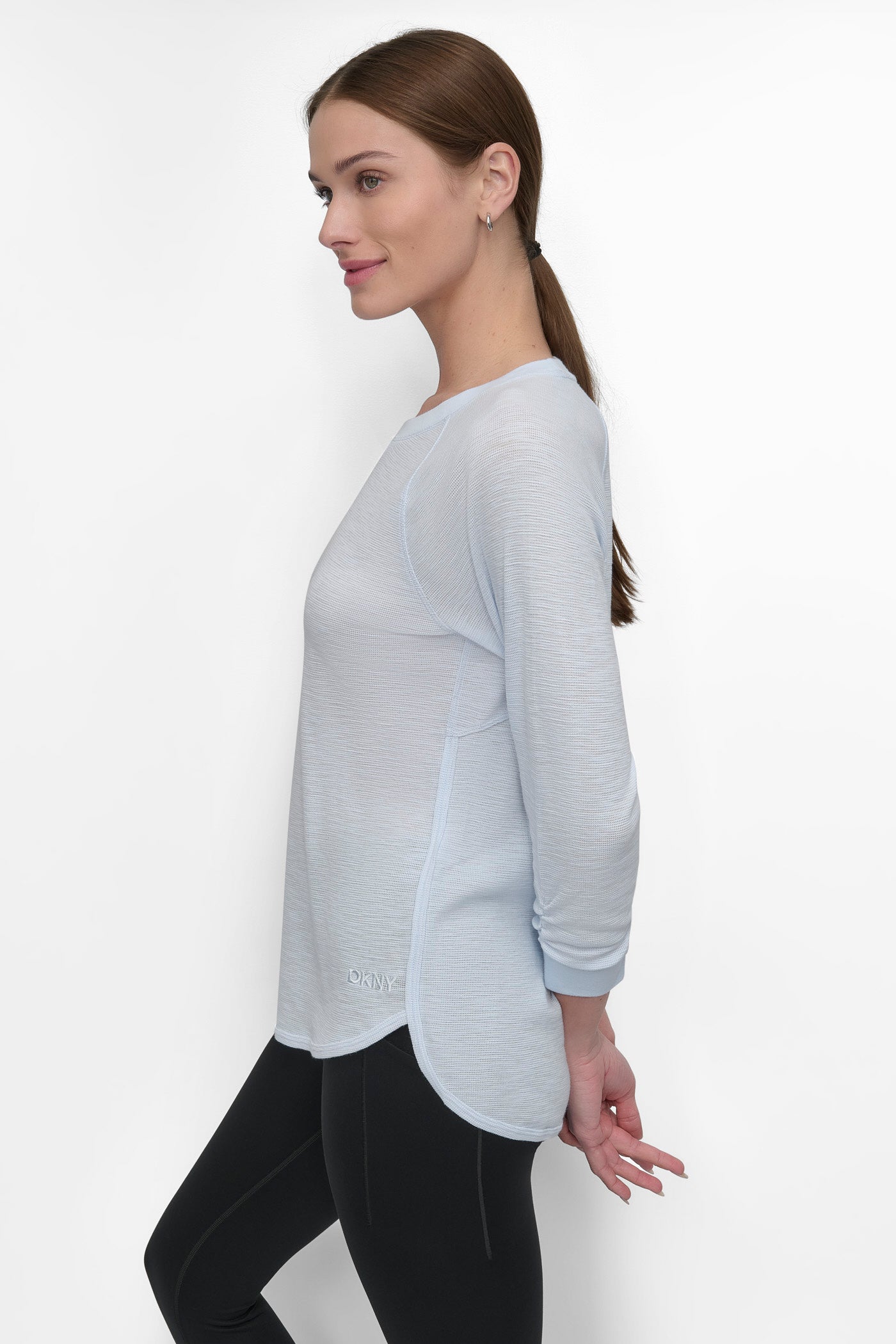 RUCHED 3/4-SLEEVE SLUB WAFFLE-KNIT TEE VIEW 3 | Sport Essentials