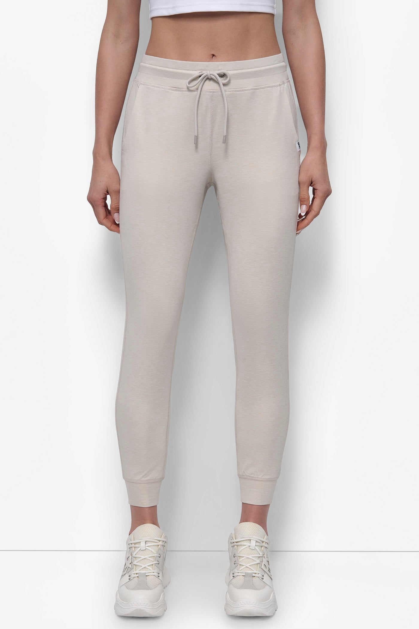 PEBBLE SPACEDYE CROPPED HIGH-RISE SLIM JOGGER, FRONT VIEW | DKNY Sport