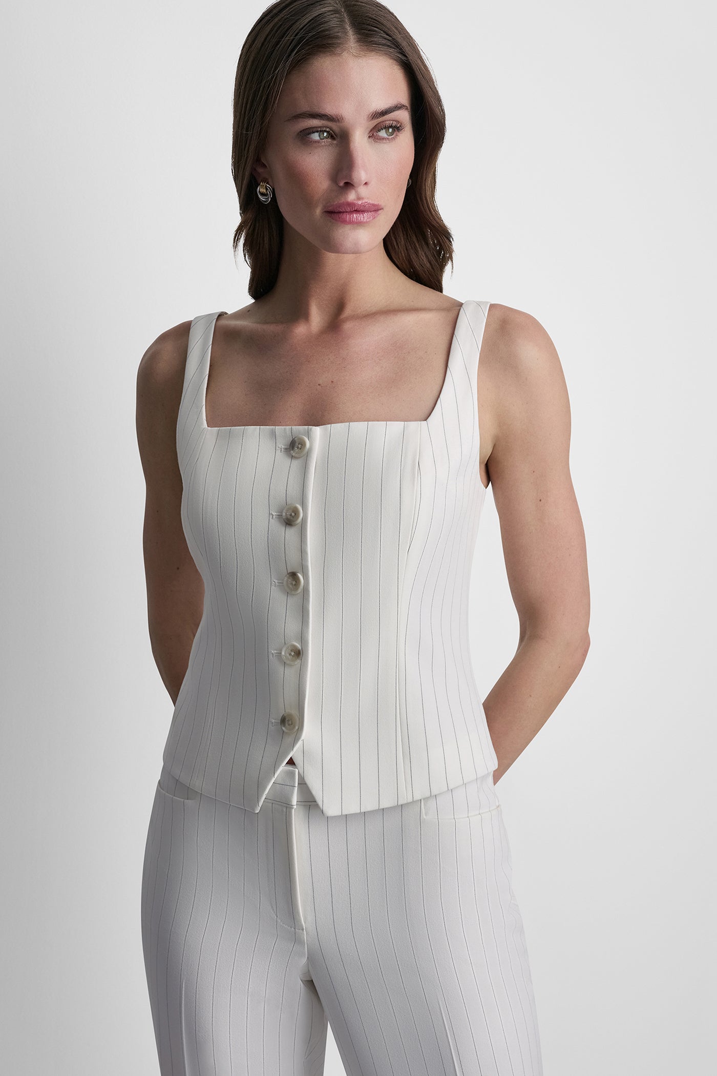 Ivory/Black STRIPE BUTTON BLAZER VEST, FRONT VIEW | WOMEN'S SWEATERS & TOPS