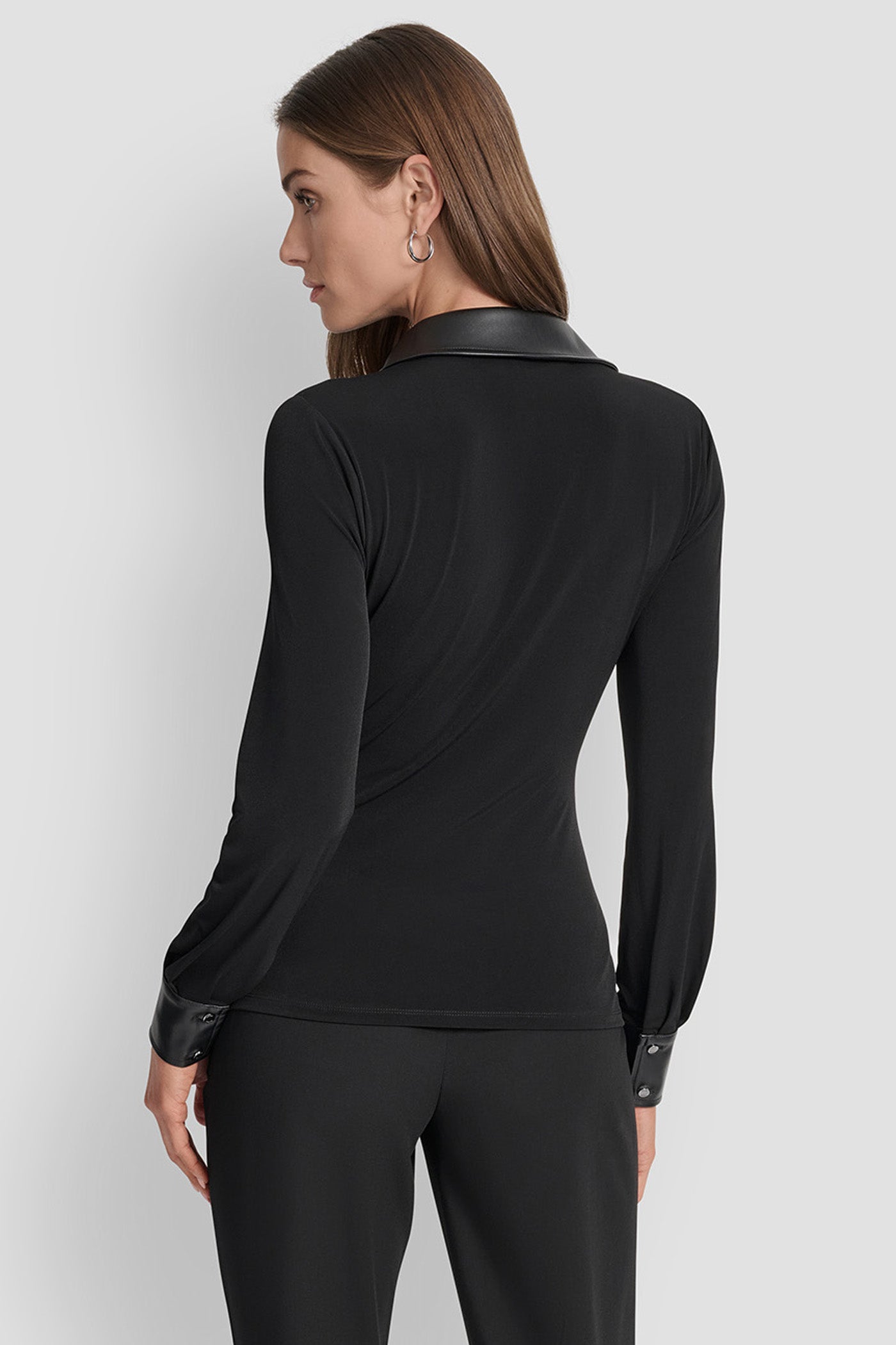 Black TWIST-FRONT FAUX LEATHER TRIM TOP, BACK VIEW | WOMEN'S SWEATERS & TOPS
