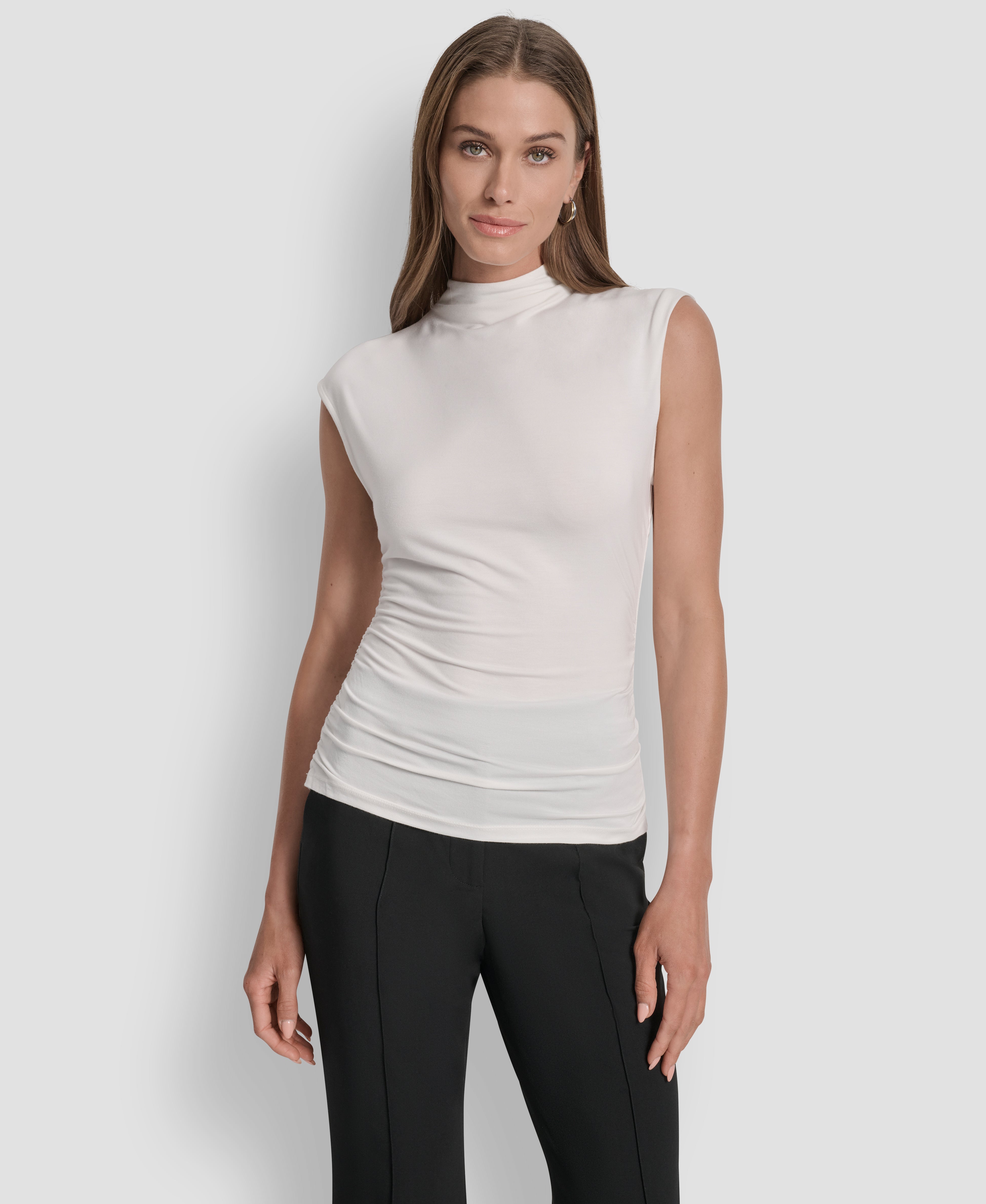 IVORY SLEEVELESS SIDE RUCHED TOP, FRONT VIEW | WOMEN'S SWEATERS & TOPS