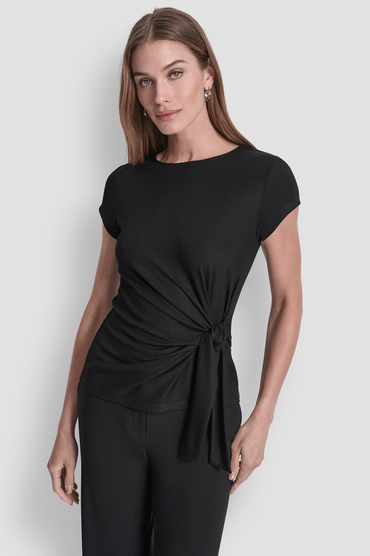 Black SIDE KNOT FRONT TIE BLOUSE, FRONT VIEW | WOMEN'S SWEATERS & TOPS