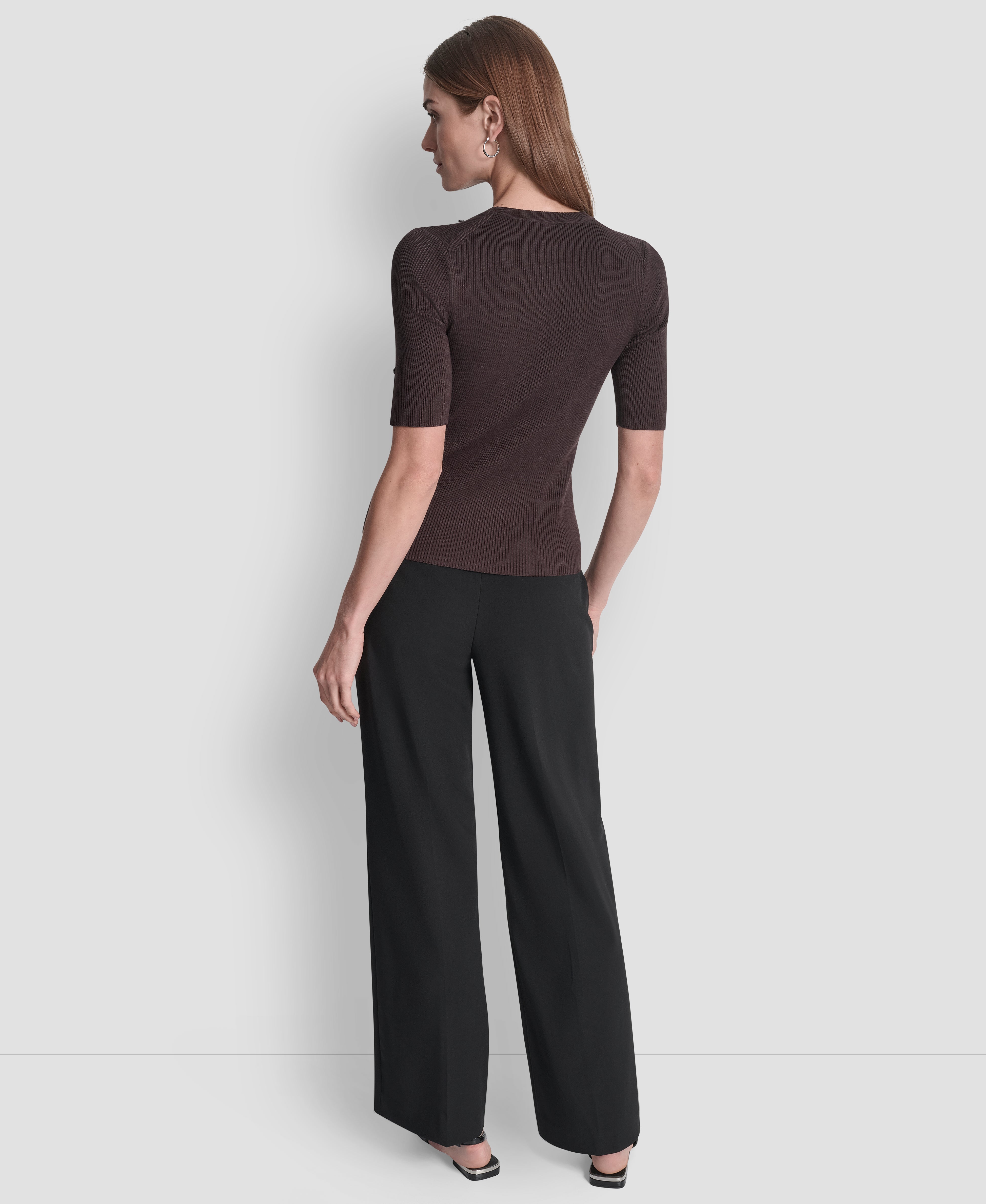 ESPRESSO SHORT SLEEVE BUTTON SLEEVE SWEATER, BACK VIEW | All Products