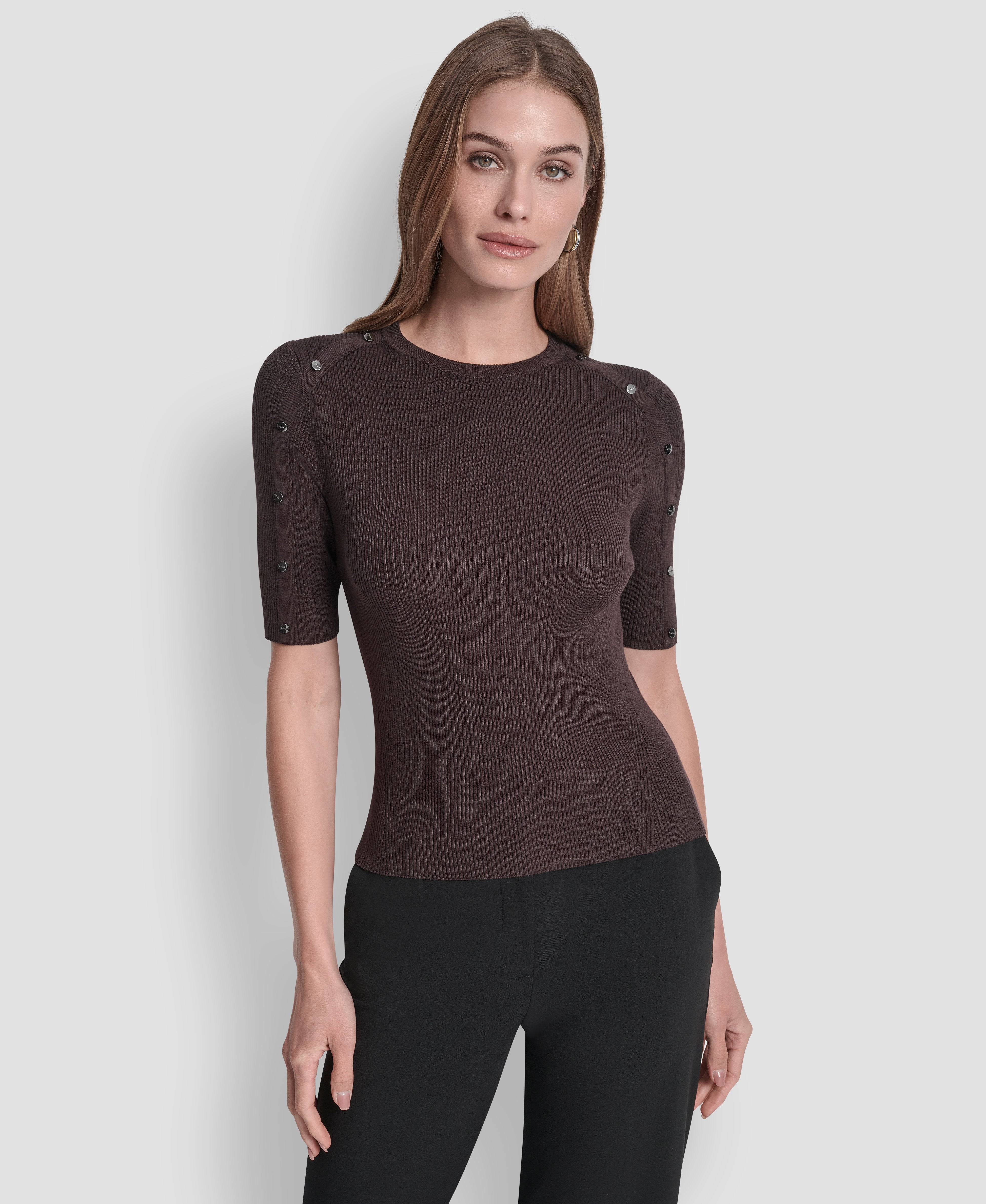 ESPRESSO SHORT SLEEVE BUTTON SLEEVE SWEATER, FRONT VIEW | All Products